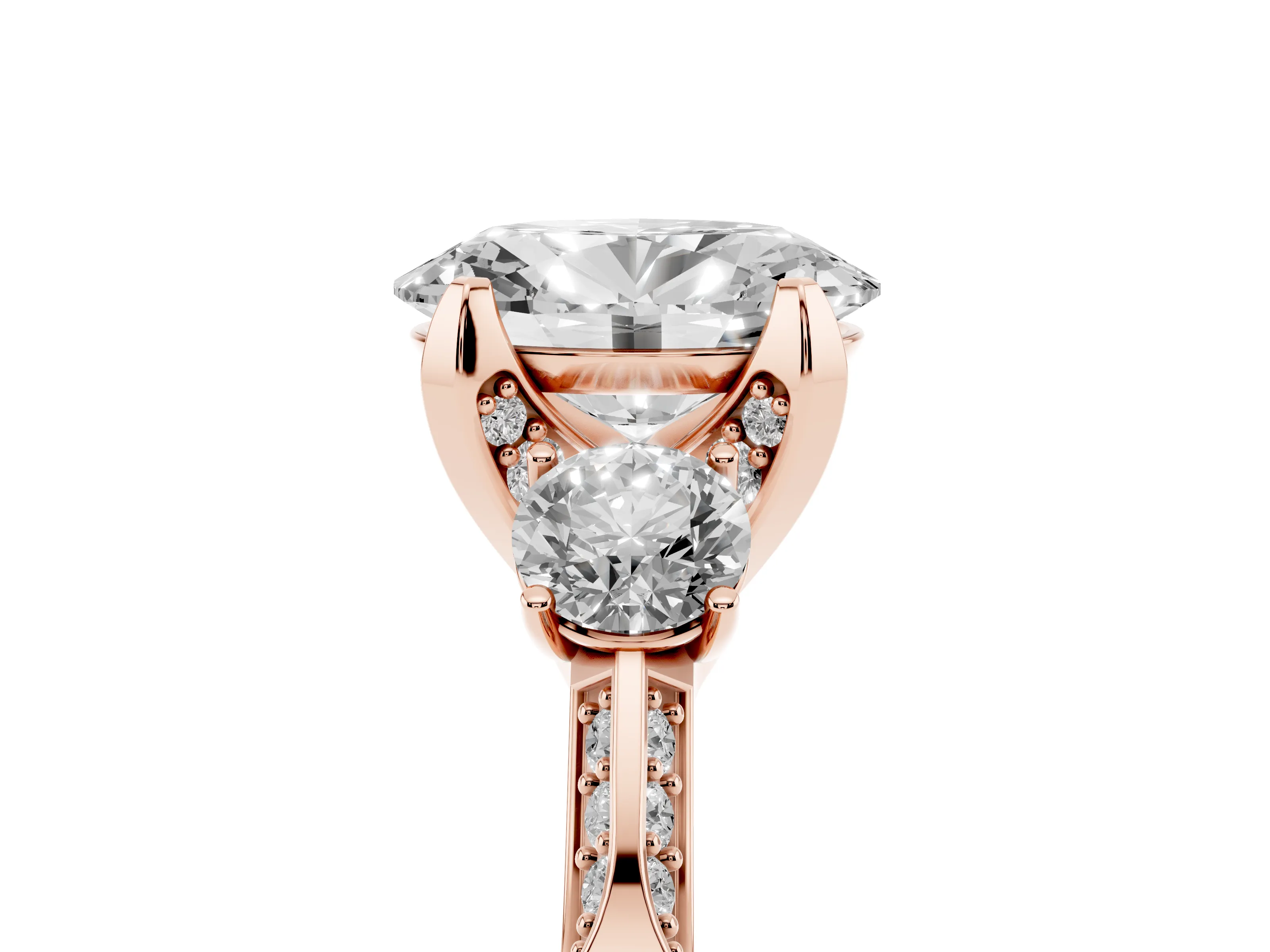 Oval Cut Diamond Three-Stone Ring Set in Rose gold with Pavé Band and Smaller Side Stones