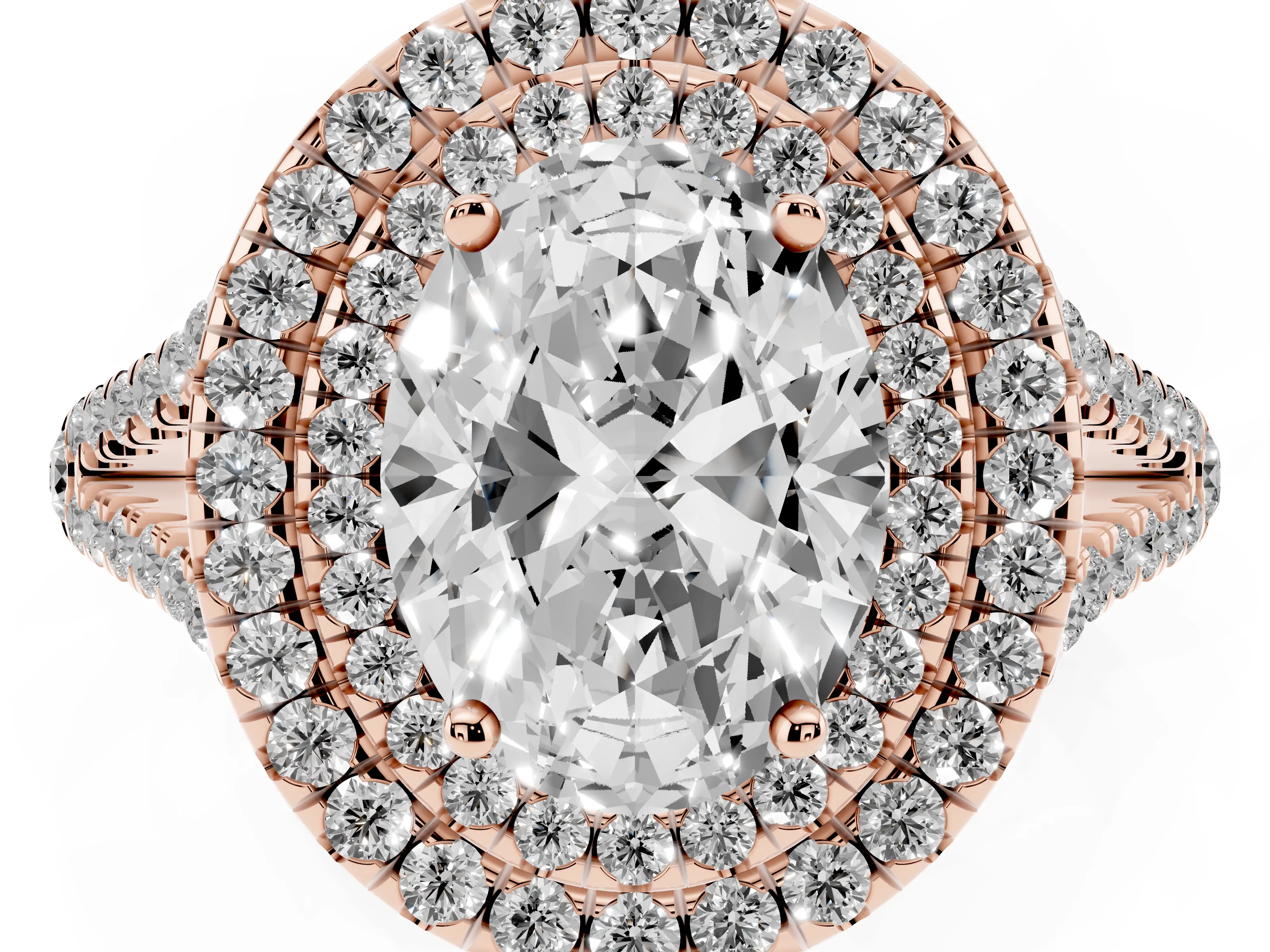 Oval Cut Diamond Double Halo Ring Set in Rose gold with Pavé Band