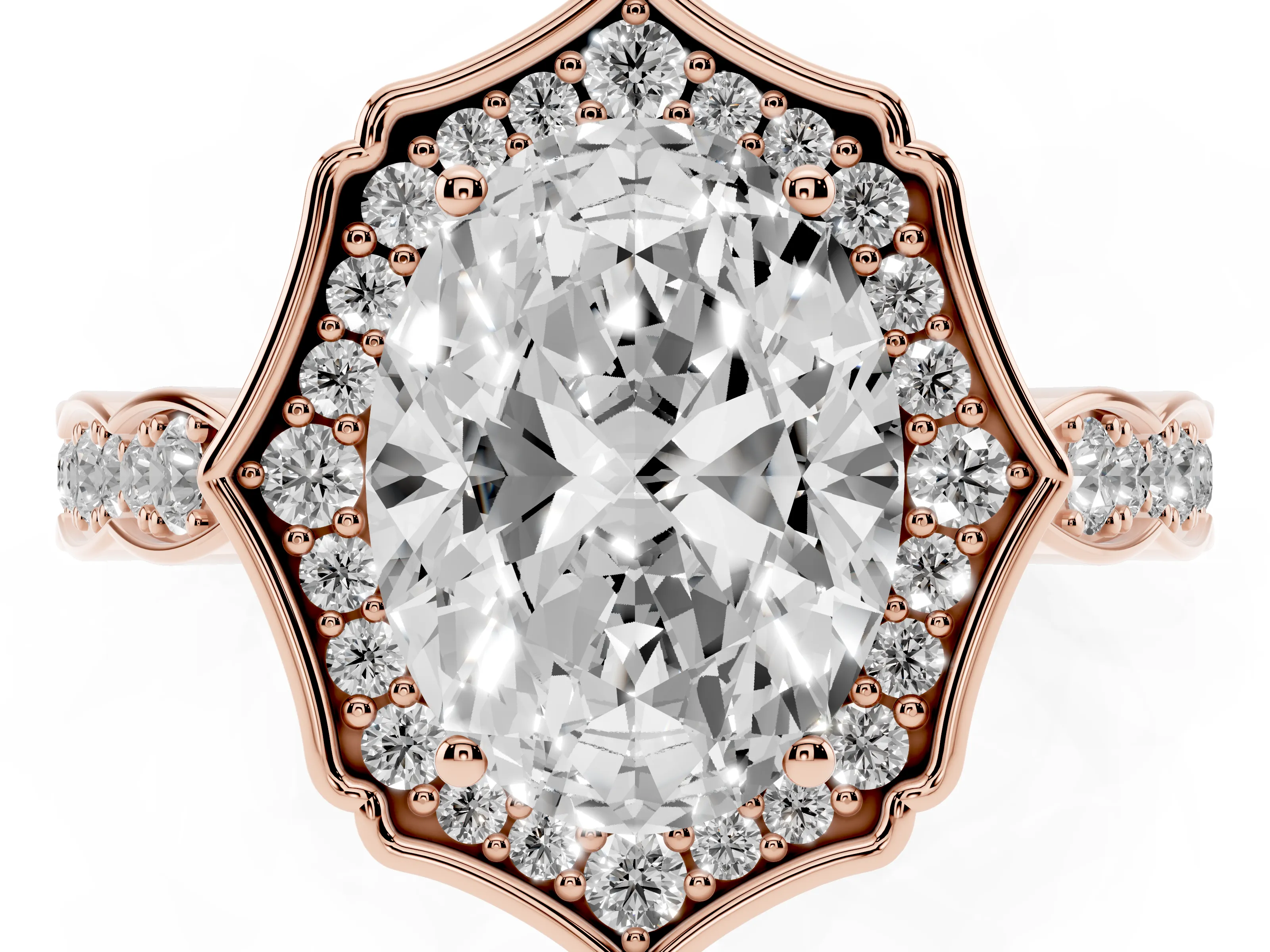 Oval Cut Diamond Halo Engagement Ring Set in Rose gold with Milgrain Band and Prong Setting