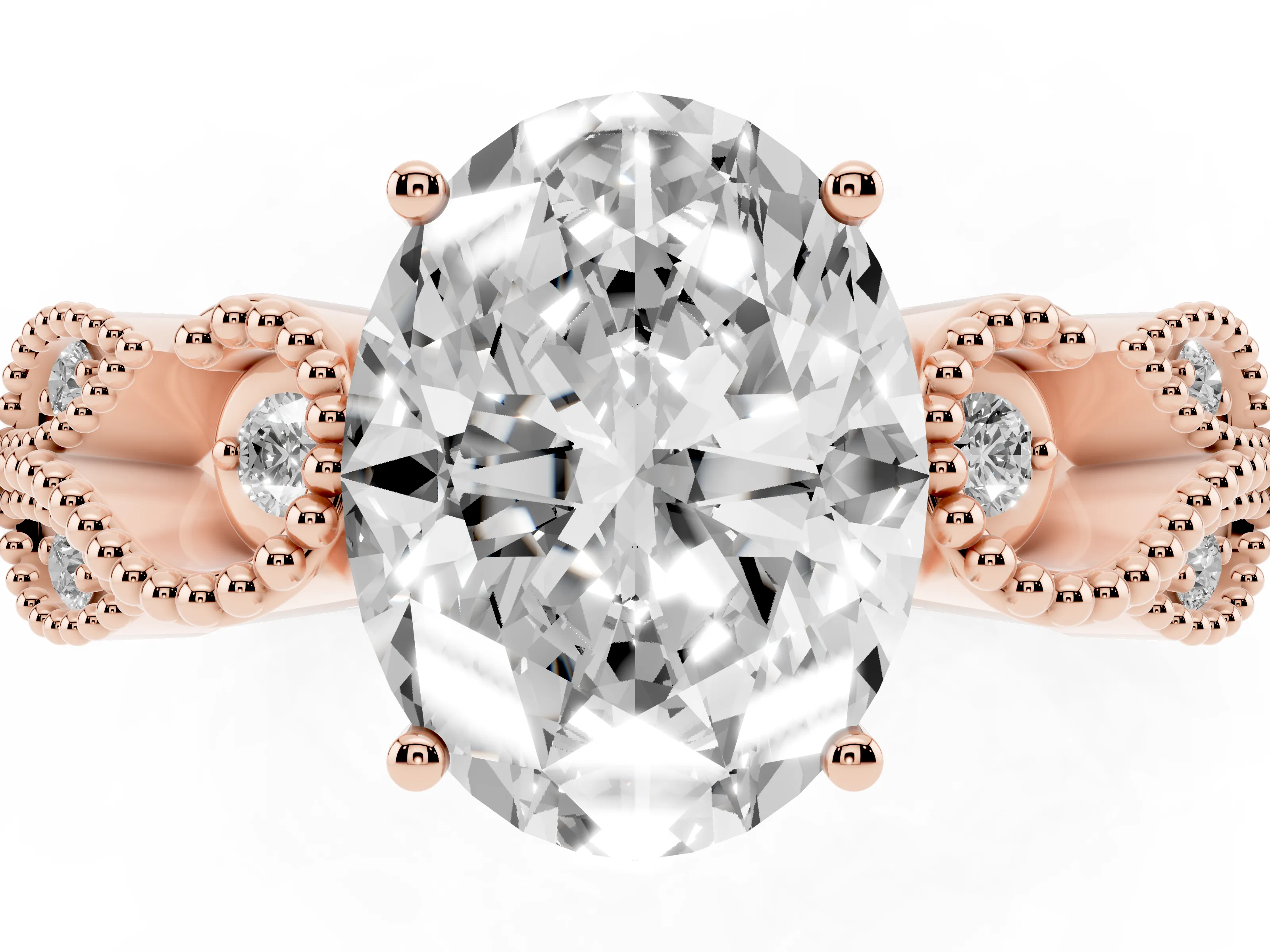 Oval Cut Diamond Milgrain Leaf Band Solitaire Ring Set in Rose gold with Accent Stones and Prong Setting