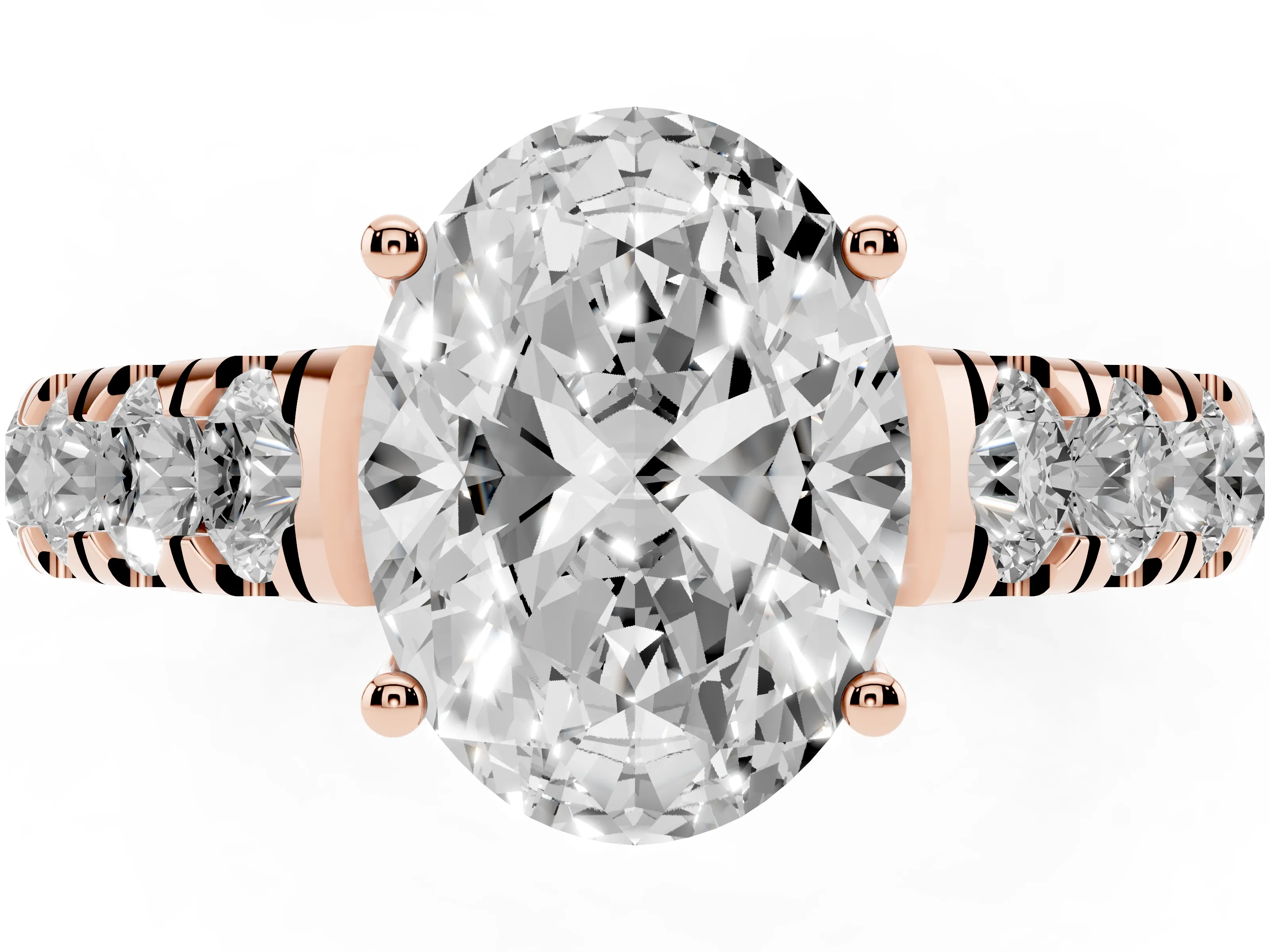 Oval Cut Diamond Solitaire Ring Set in Rose gold with Cut-Down Micro Pavé Band and Prong Setting