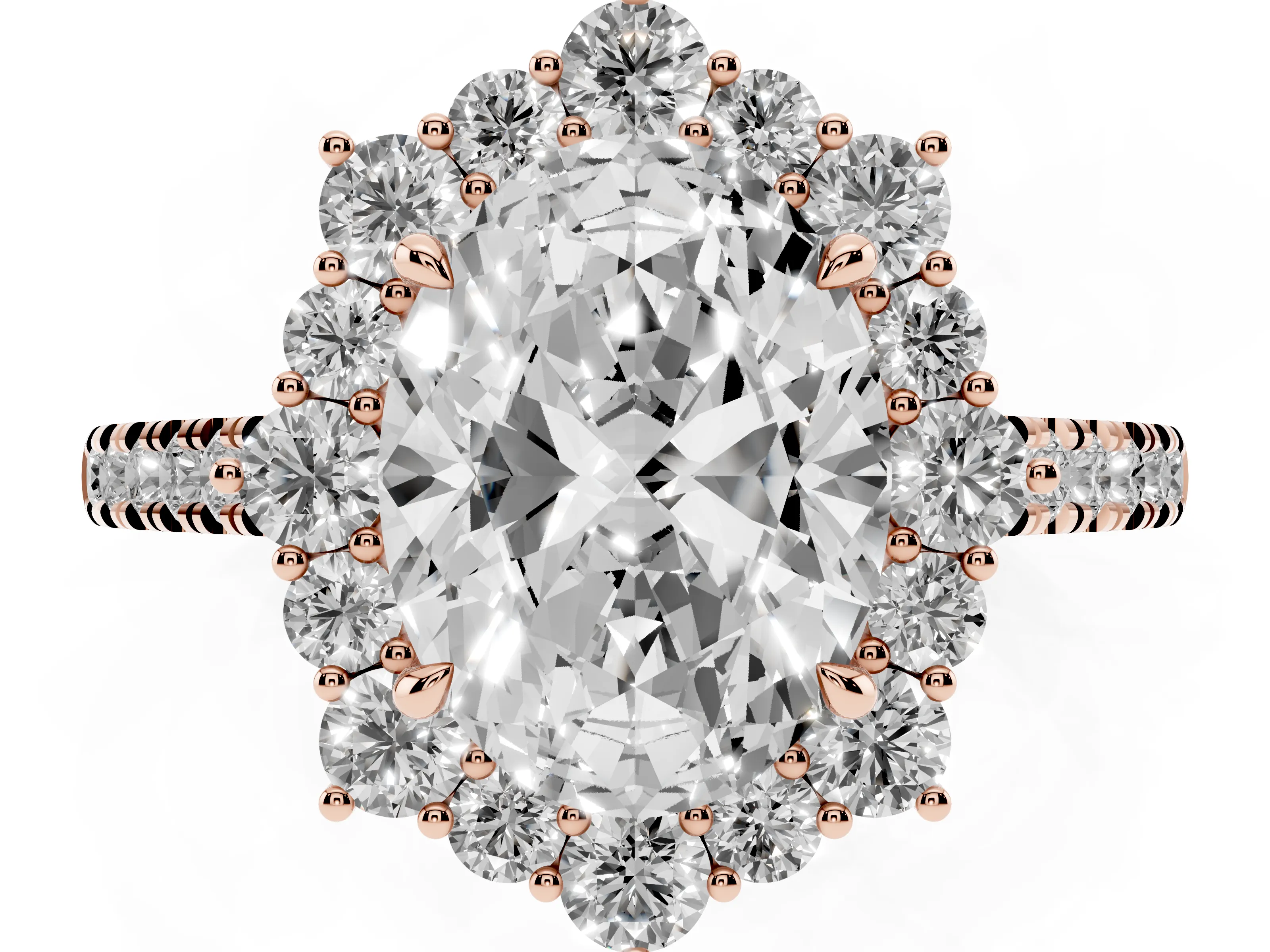 Oval Cut Diamond Halo Ring Set in Rose gold with Pavé Band and Prong Setting