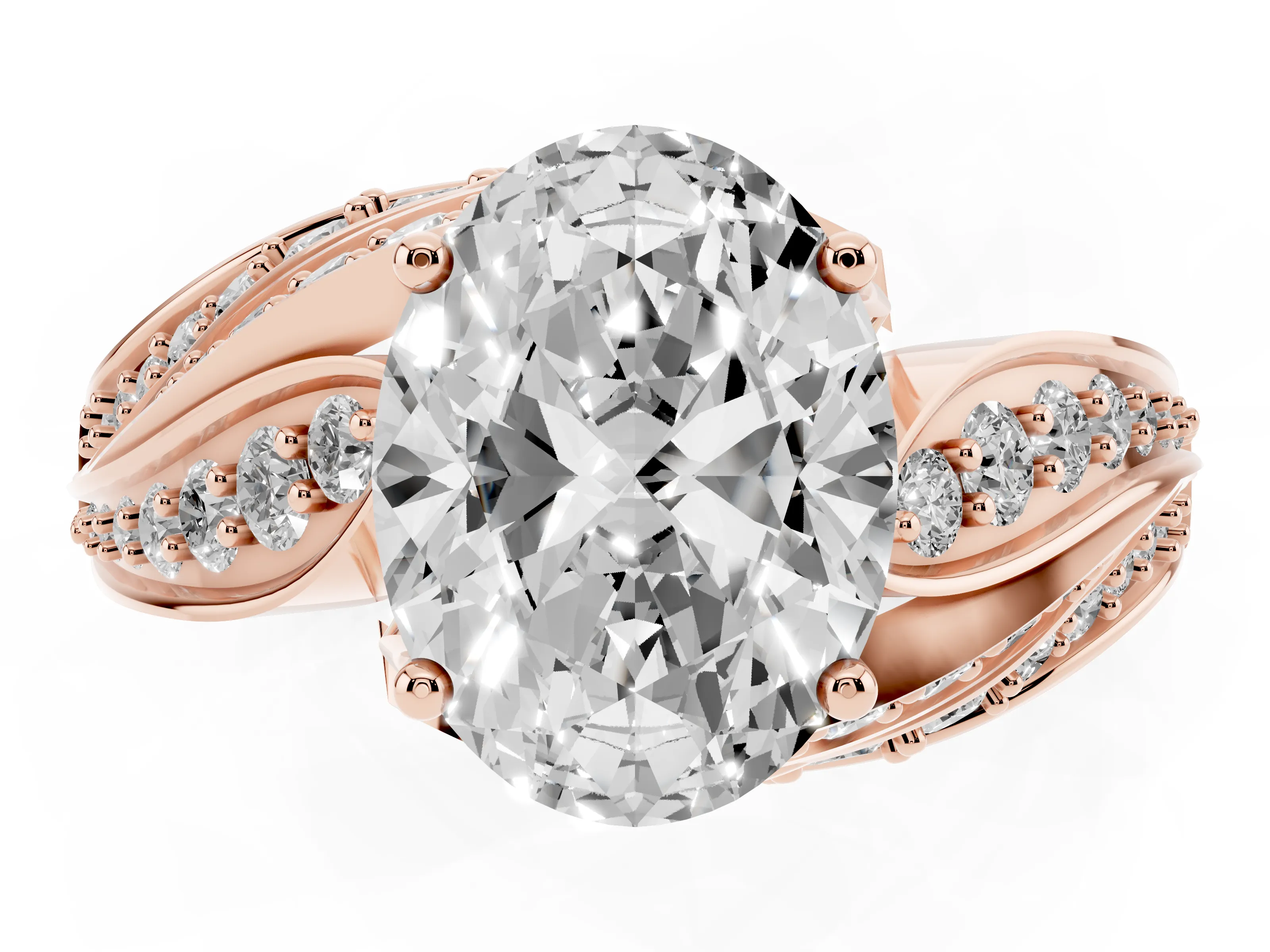 Oval Cut Diamond Solitaire Ring Set in Rose gold with Layered Twist Pavé Band