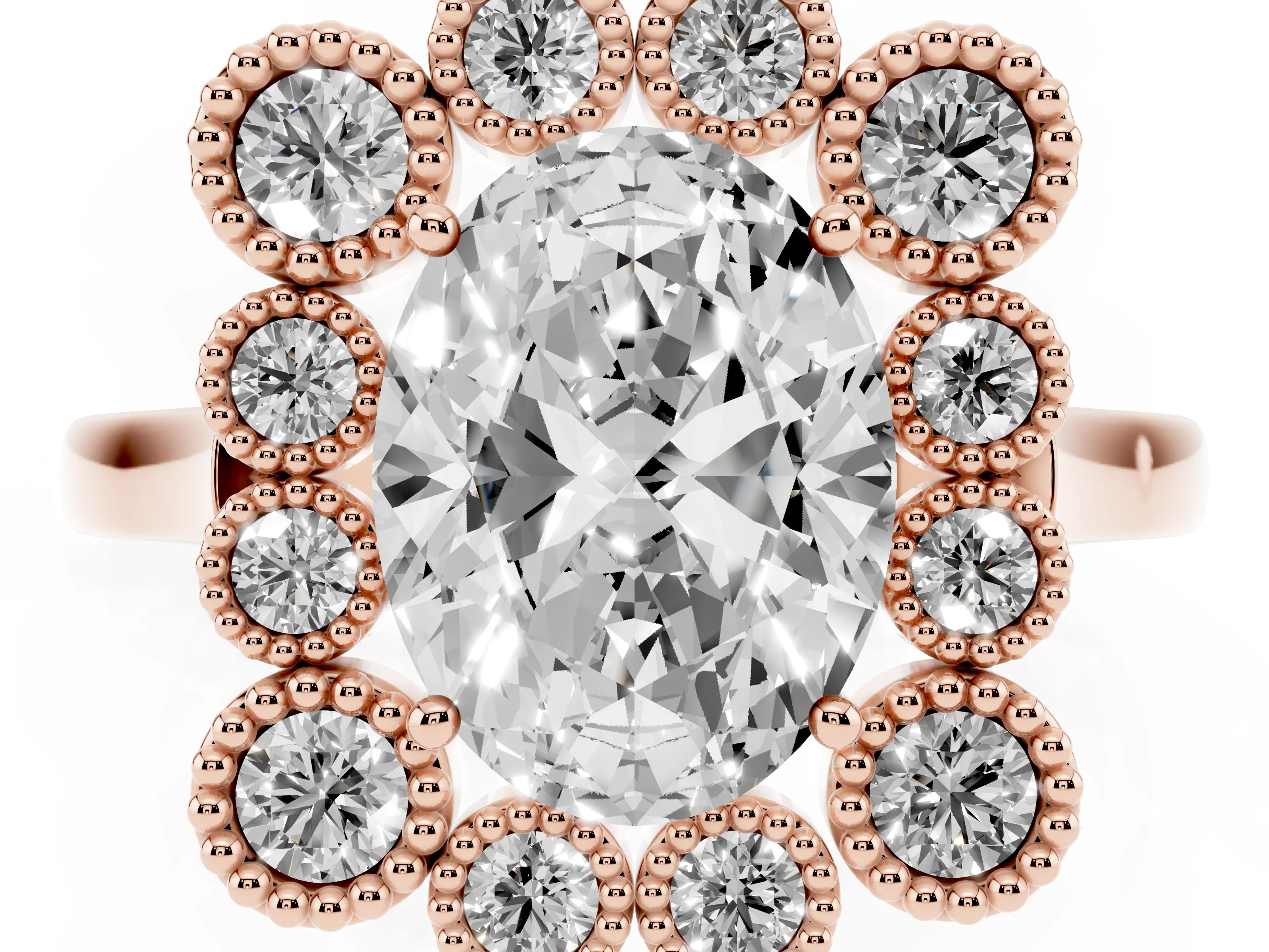 Oval Cut Diamond Cluster Halo Ring Set in Rose gold with Milgrain Bezel Accents and Plain Band
