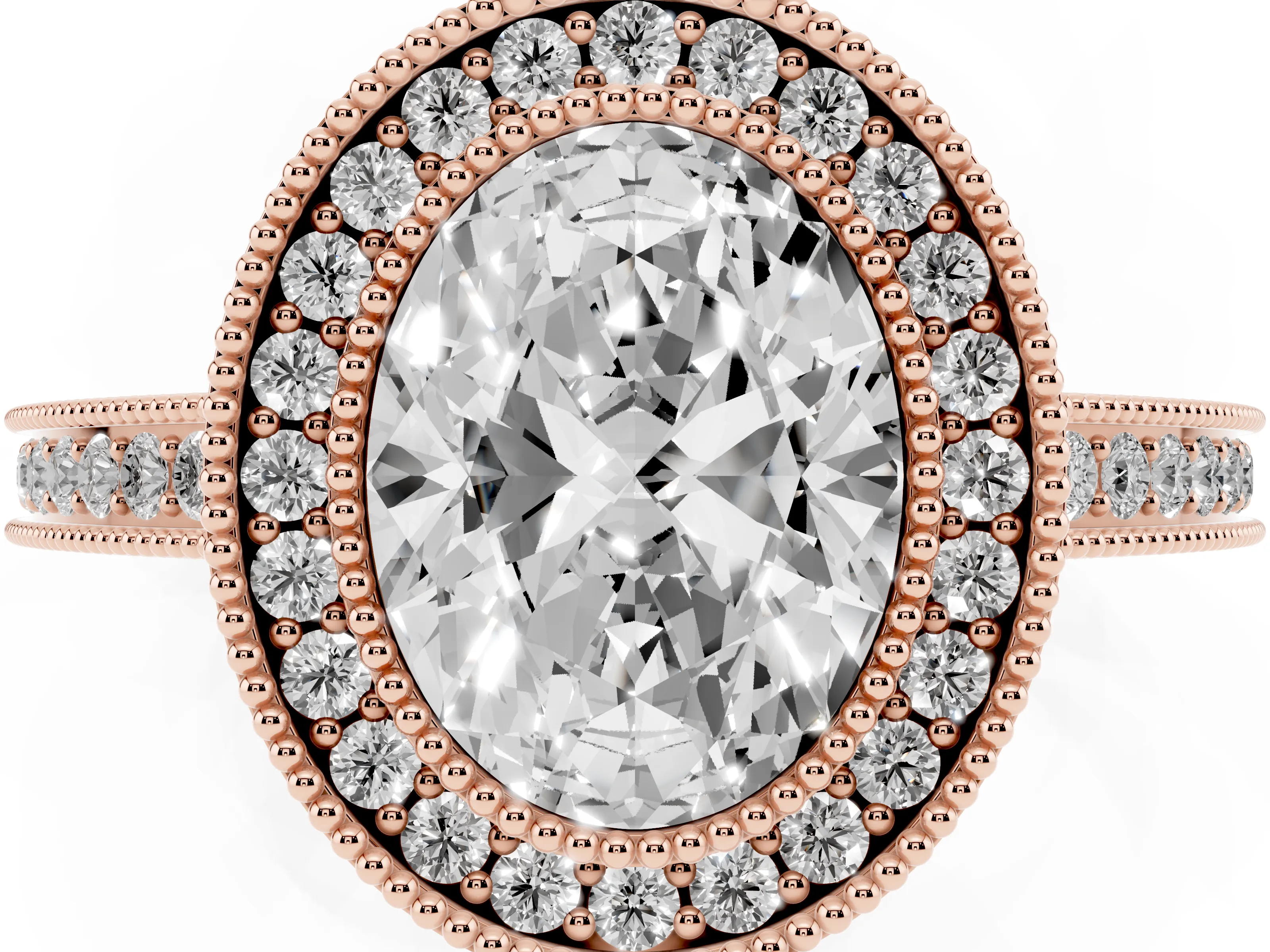 Oval Cut Diamond Halo Ring Set in Rose gold with Pavé Band and Milgrain-Edged Prongs