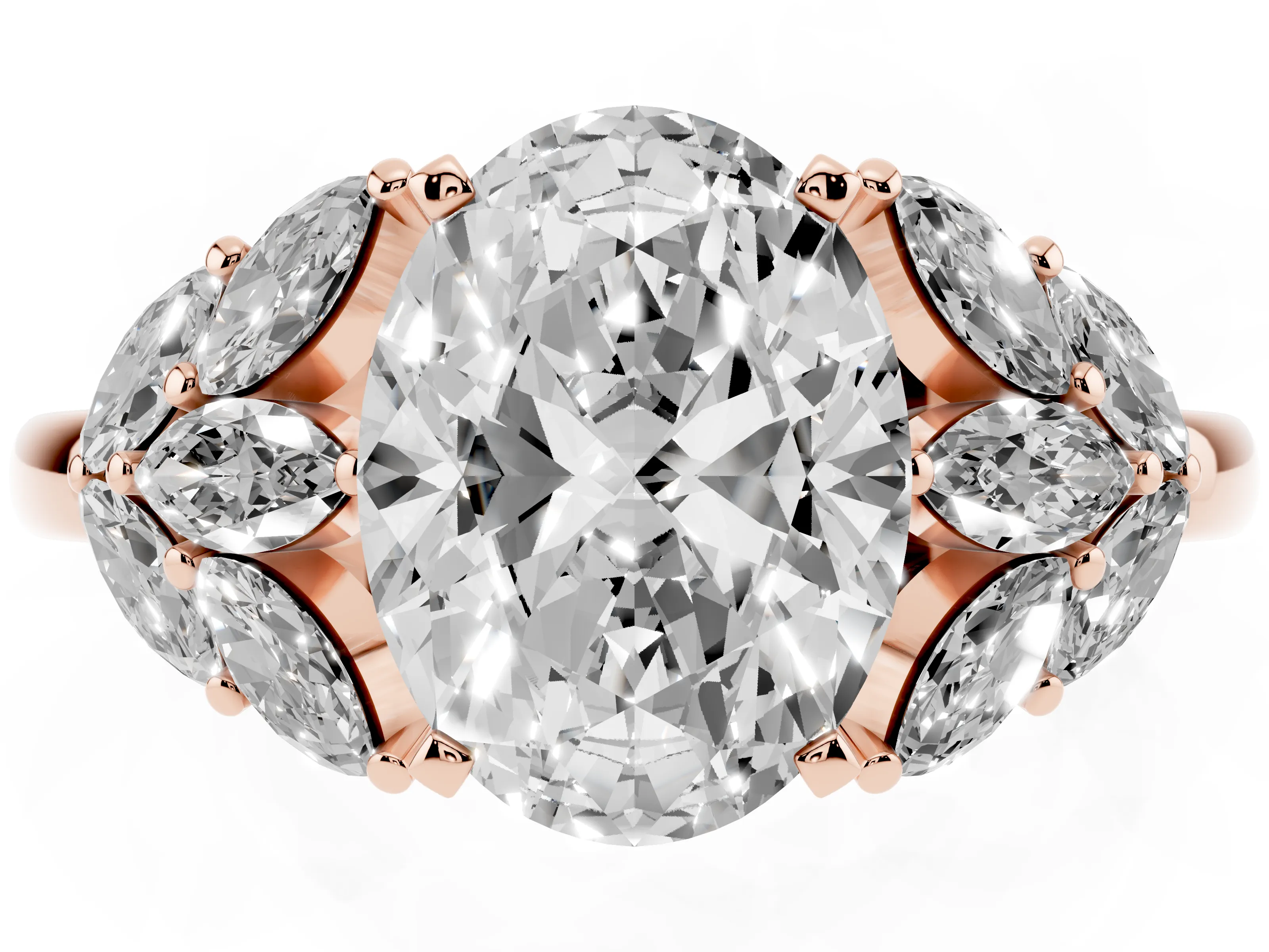Oval Cut Diamond Cluster Leaf Design Ring Set in Rose gold with Prong Setting
