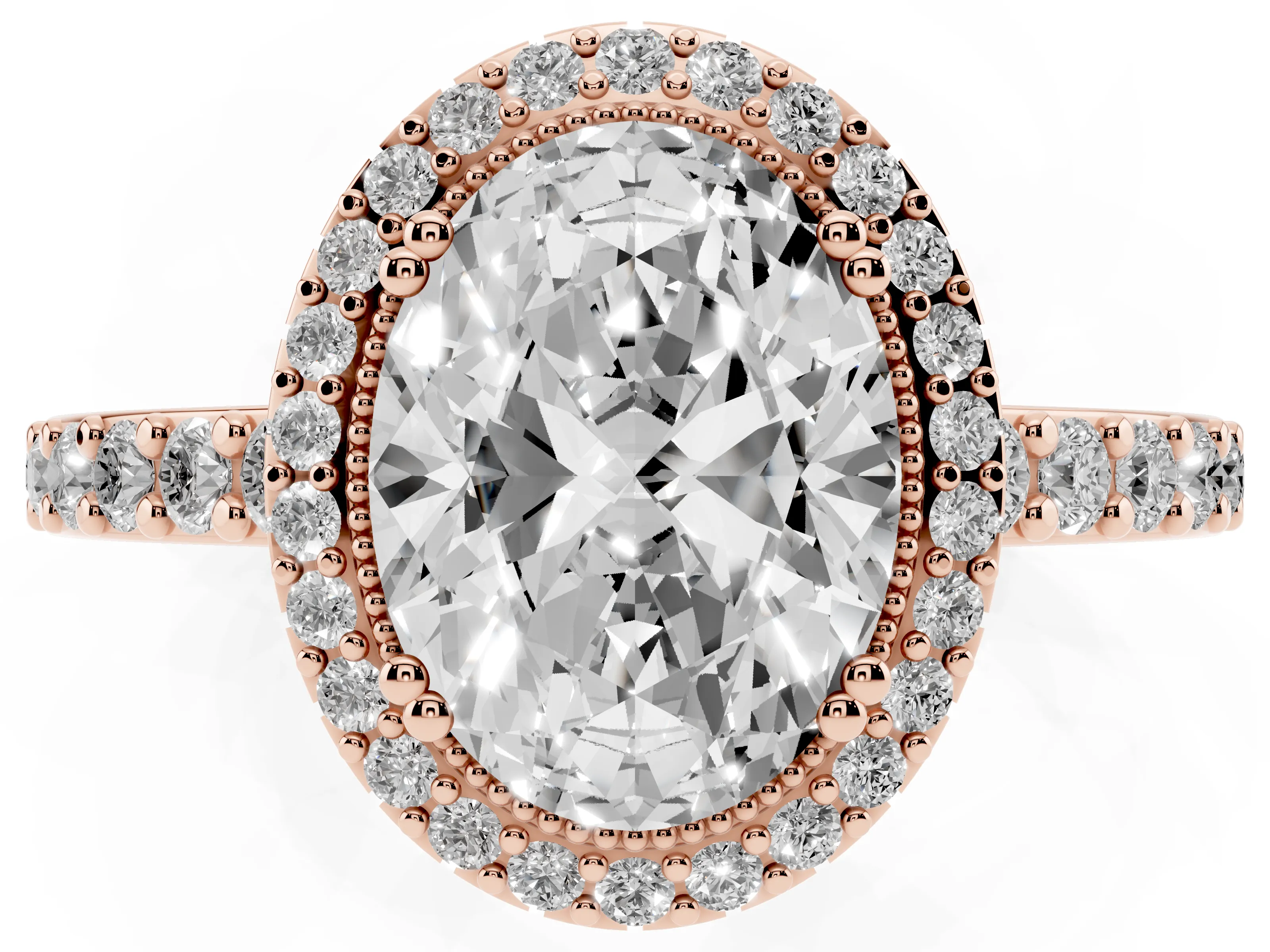 Oval Cut Diamond Halo Engagement Ring Set in Rose gold with Milgrain Detail and Pavé Band