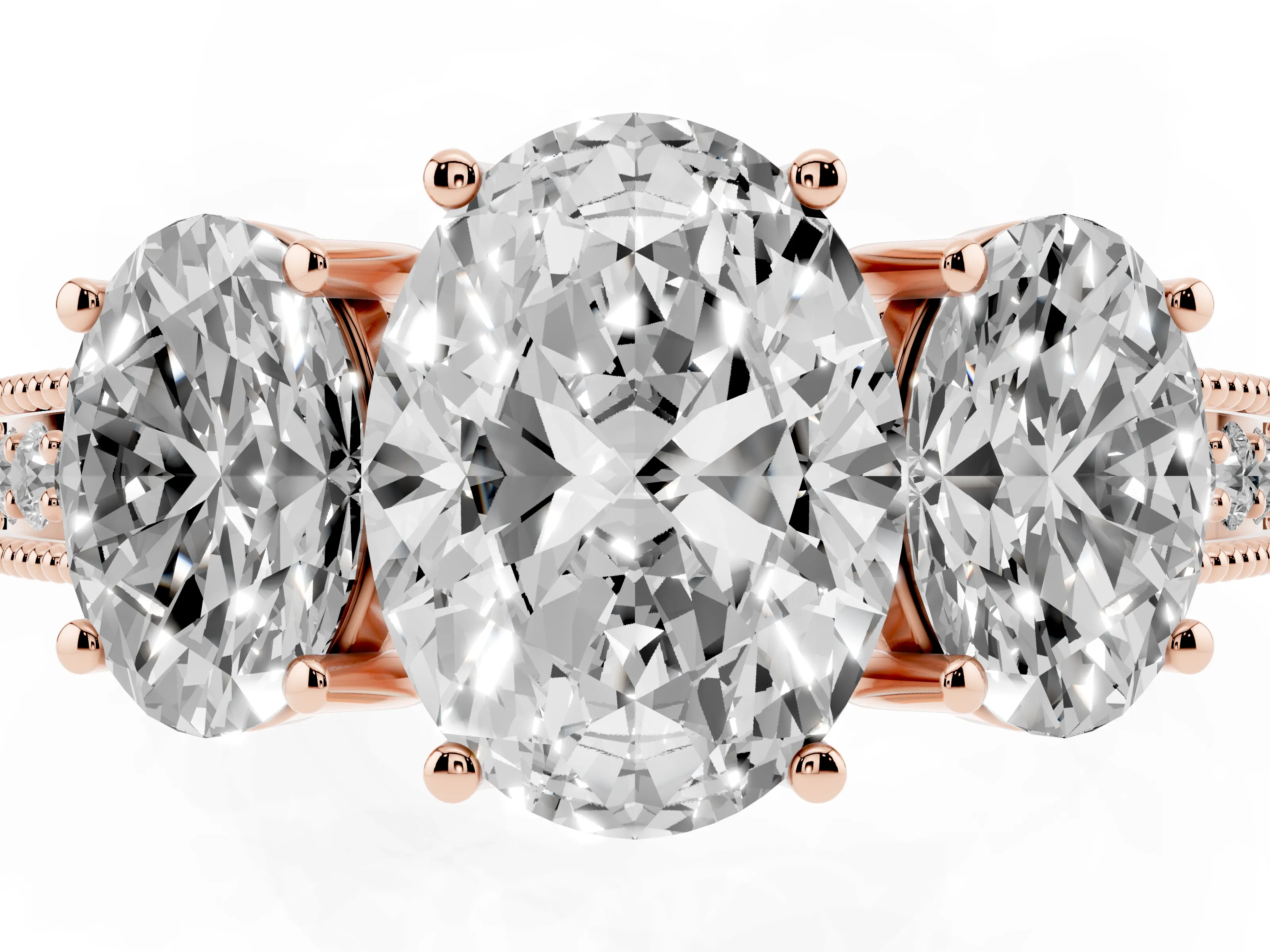 Oval Cut Diamond Three-Stone Engagement Ring Set in Rose gold with Milgrain Pavé Band