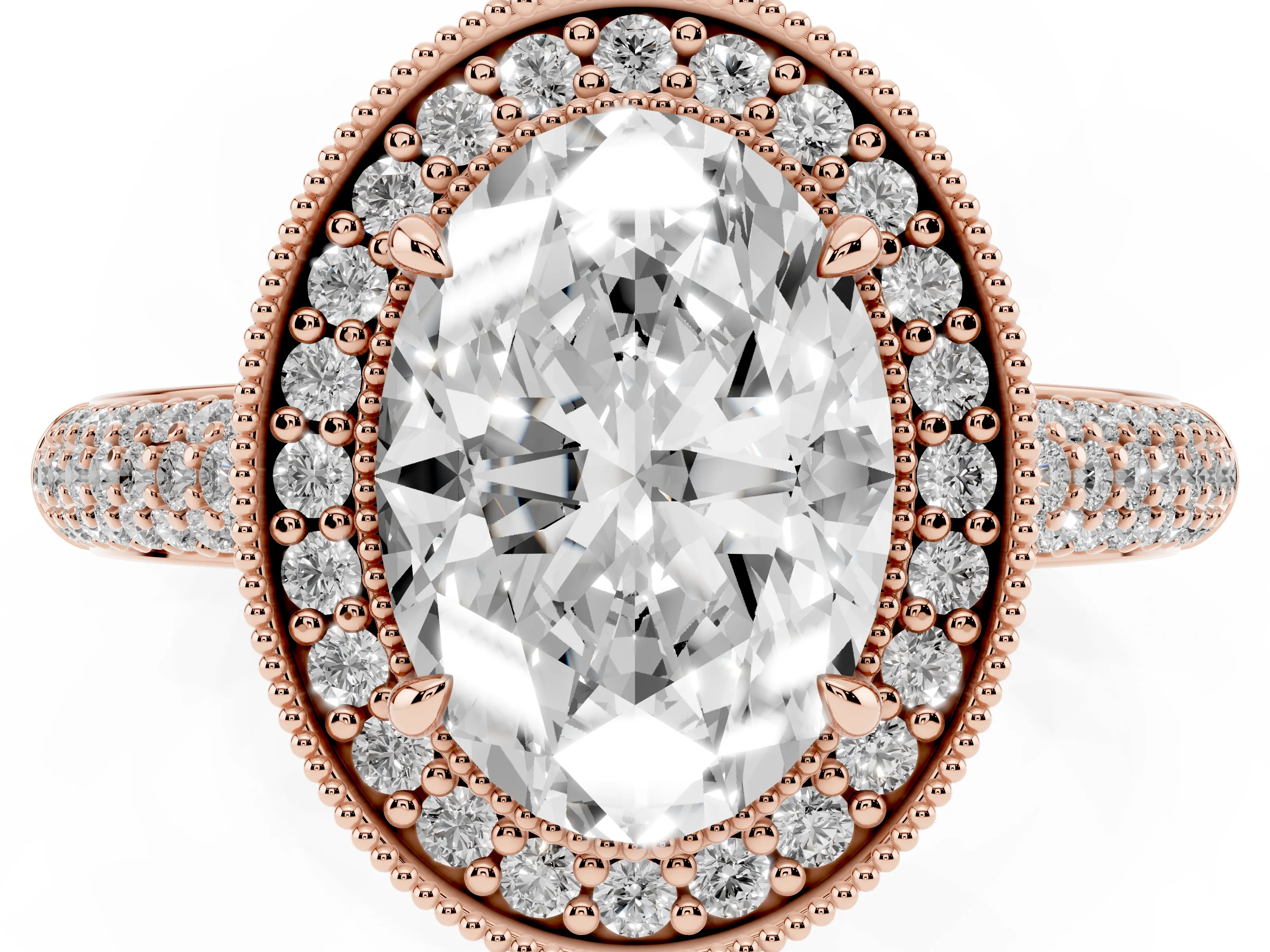 Oval Cut Diamond Halo Pavé Band Set in Rose gold with Prong Setting