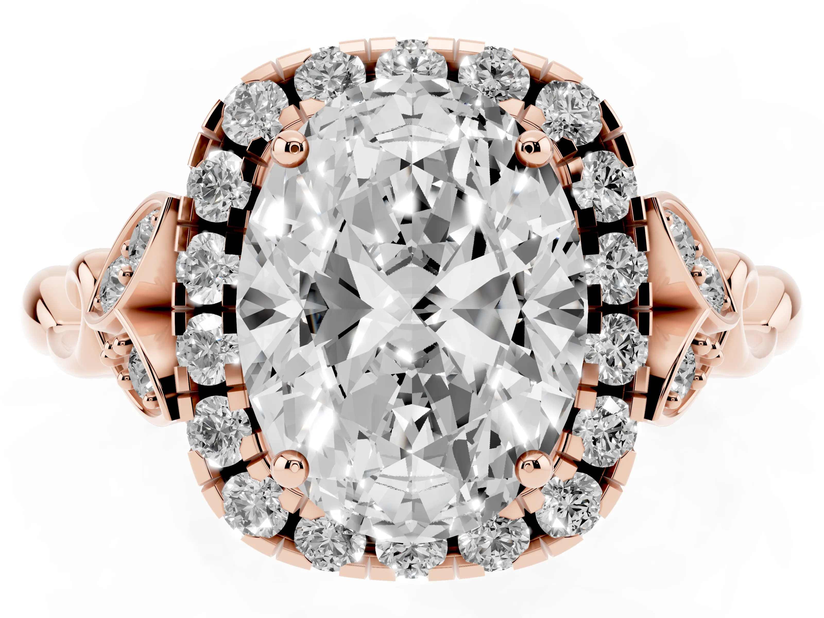 Oval Cut Diamond Halo Engagement Ring Set in Rose gold with Vintage-Inspired Band and Prong Setting