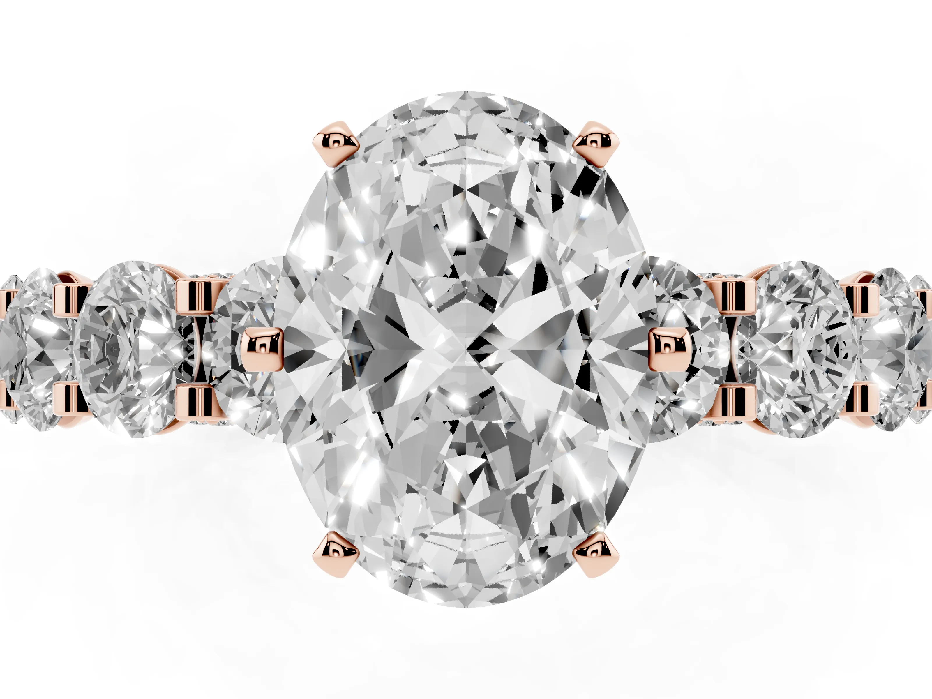 Oval Cut Diamond Side Stone Ring Set in Rose gold with Alternating Round and Oval Side Stones