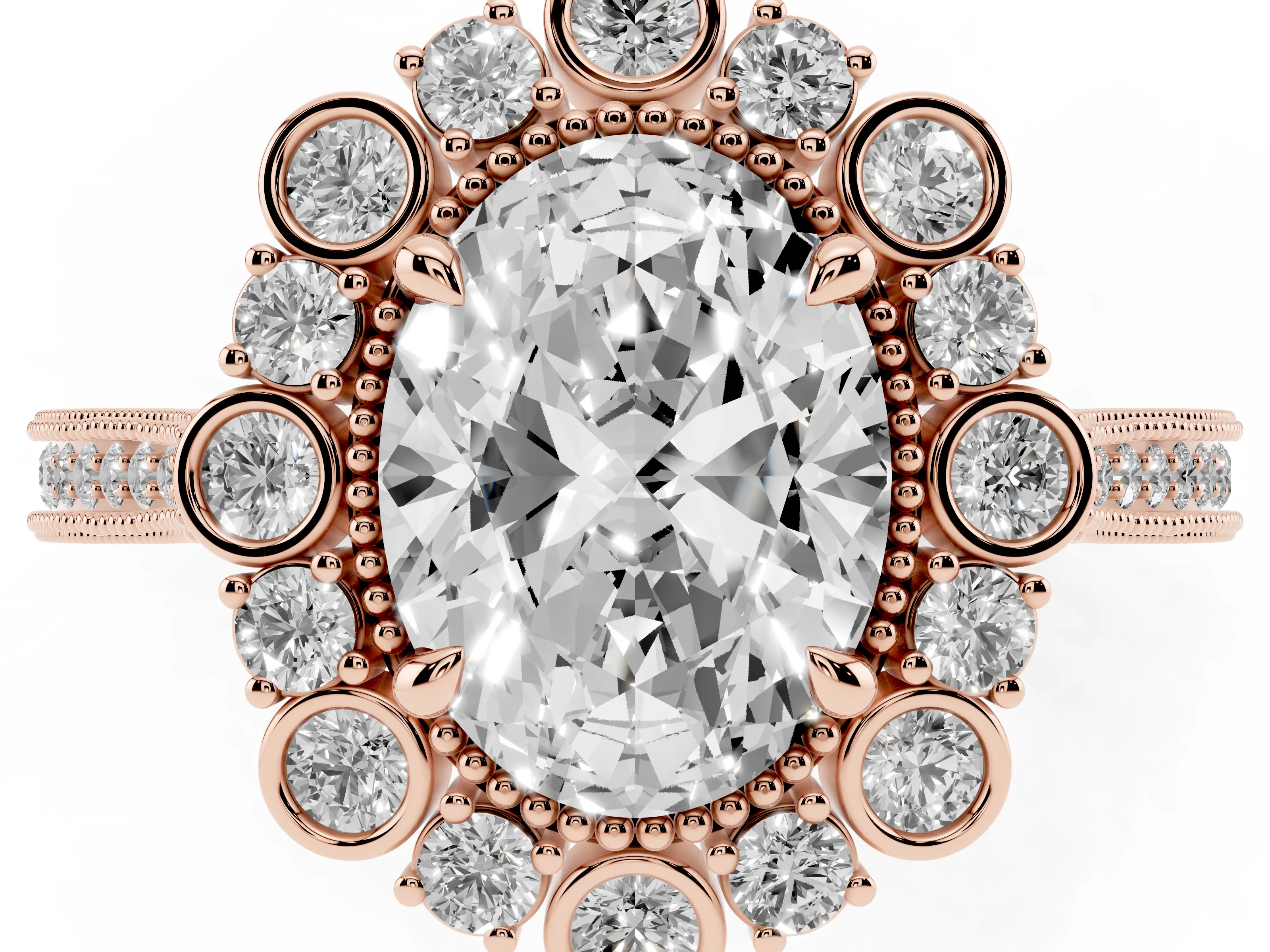 Oval Cut Diamond Halo Milgrain Pavé Ring Set in Rose gold with Prong Setting