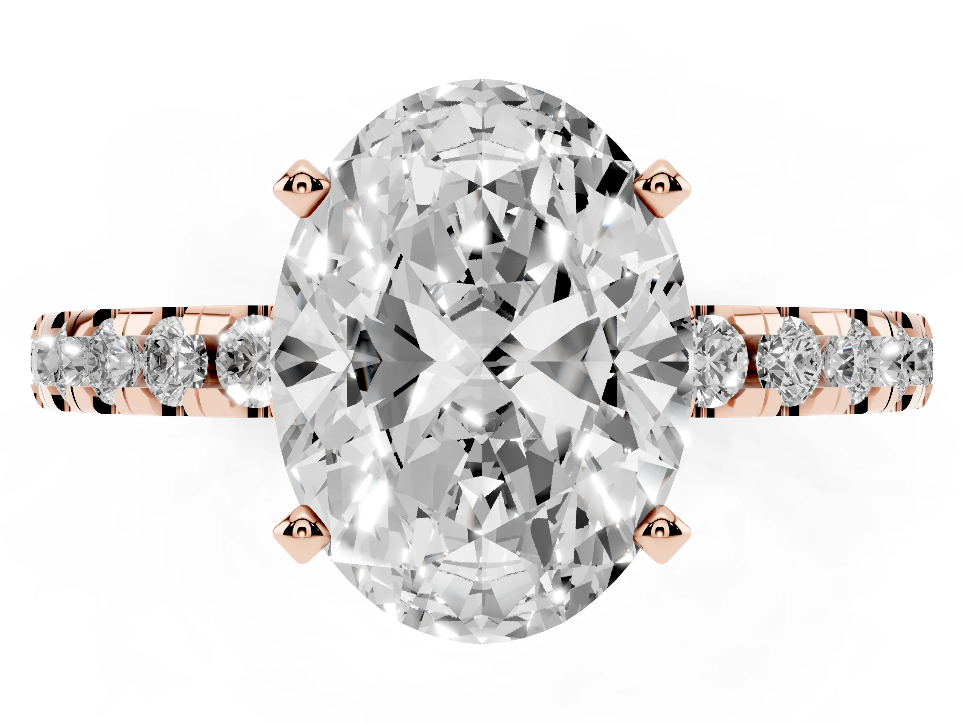 Oval Cut Diamond Pavé Solitaire Ring Set in Rose gold with Round Band Accents and Prong Setting