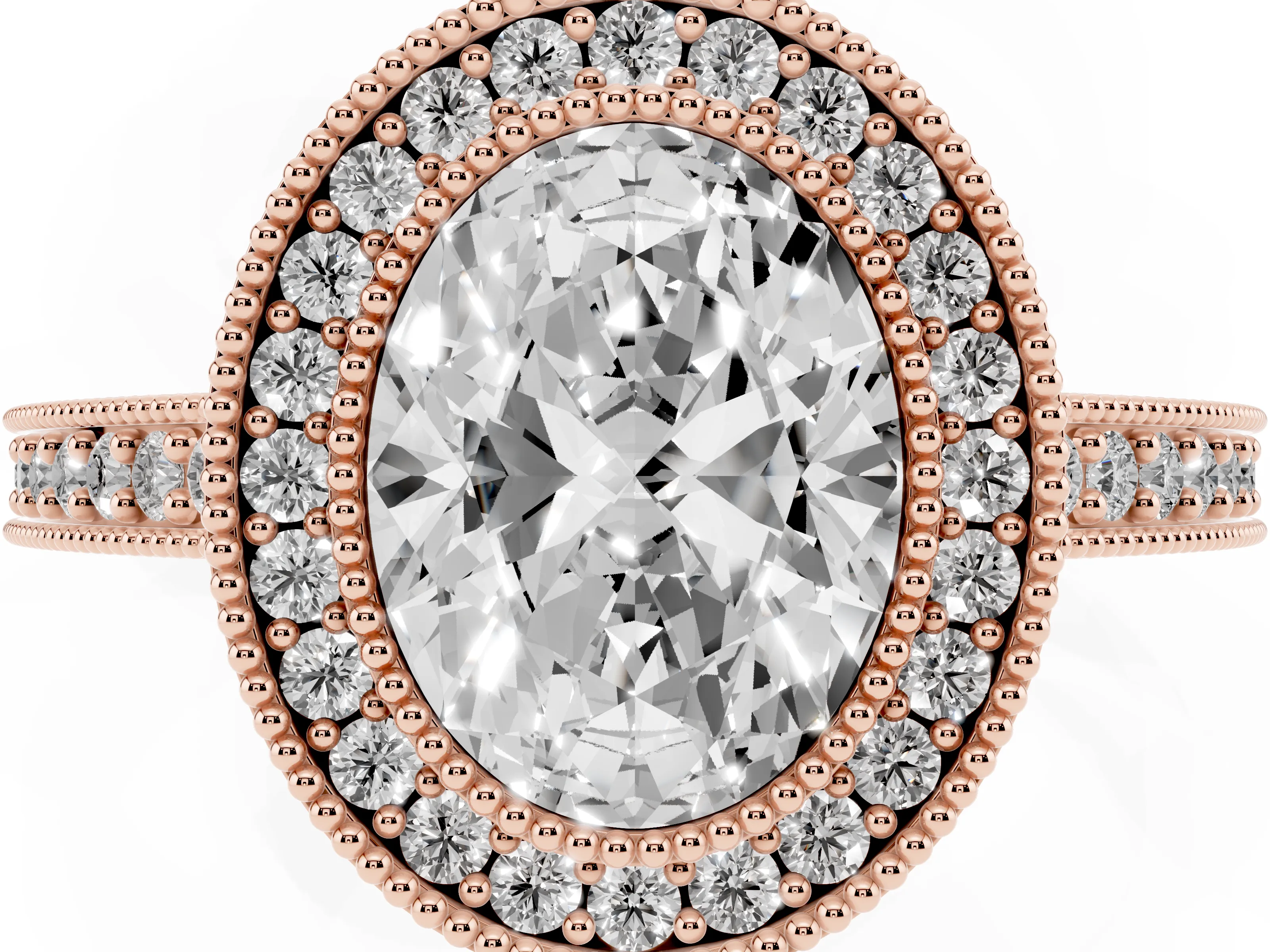 Oval Cut Diamond Halo Engagement Ring Set in Rose gold with Pavé Band and Round Halo Stones