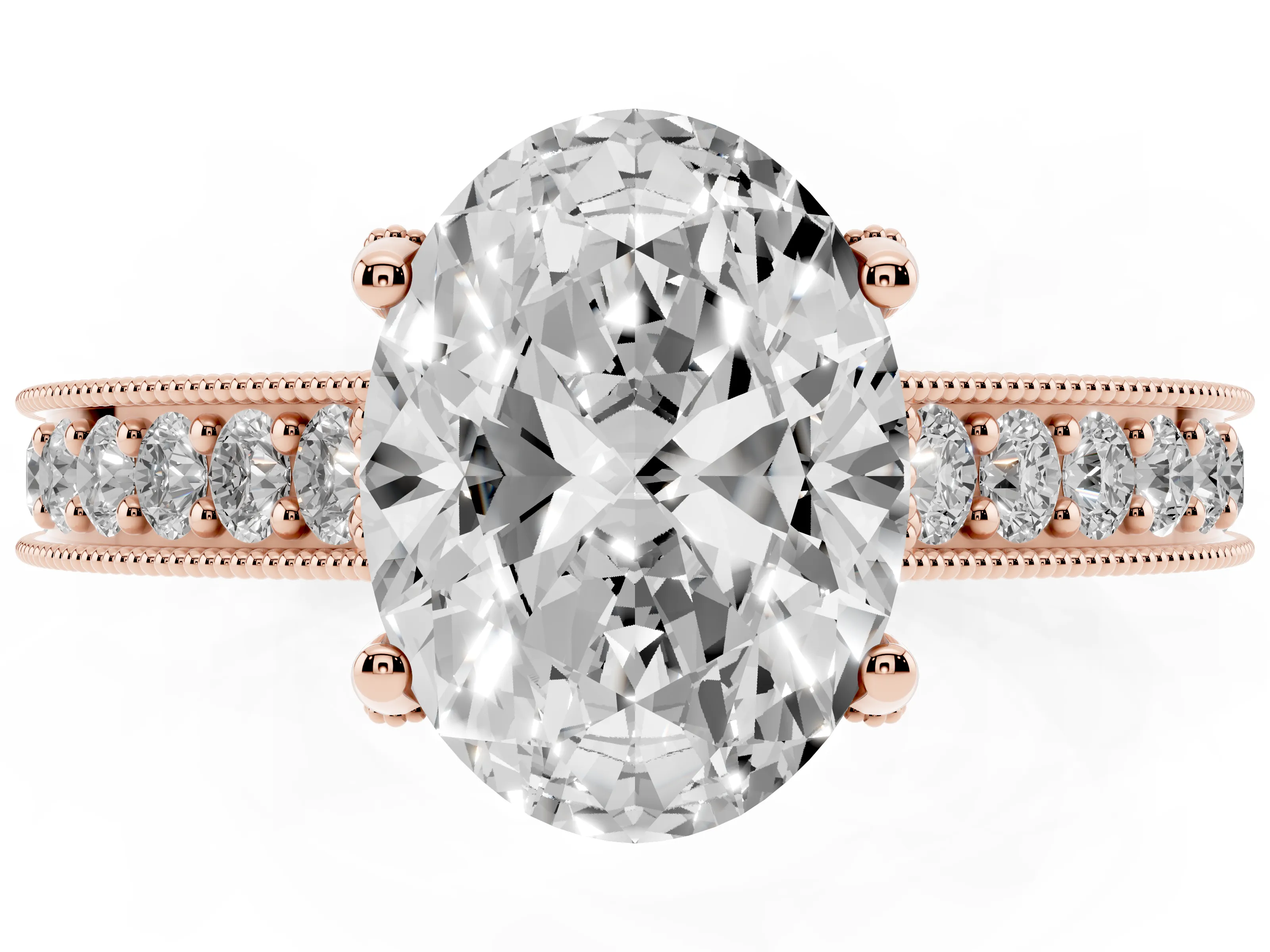 Oval Cut Diamond Solitaire Ring Set in Rose gold with Milgrain-Edged Pavé Band and Prong Setting