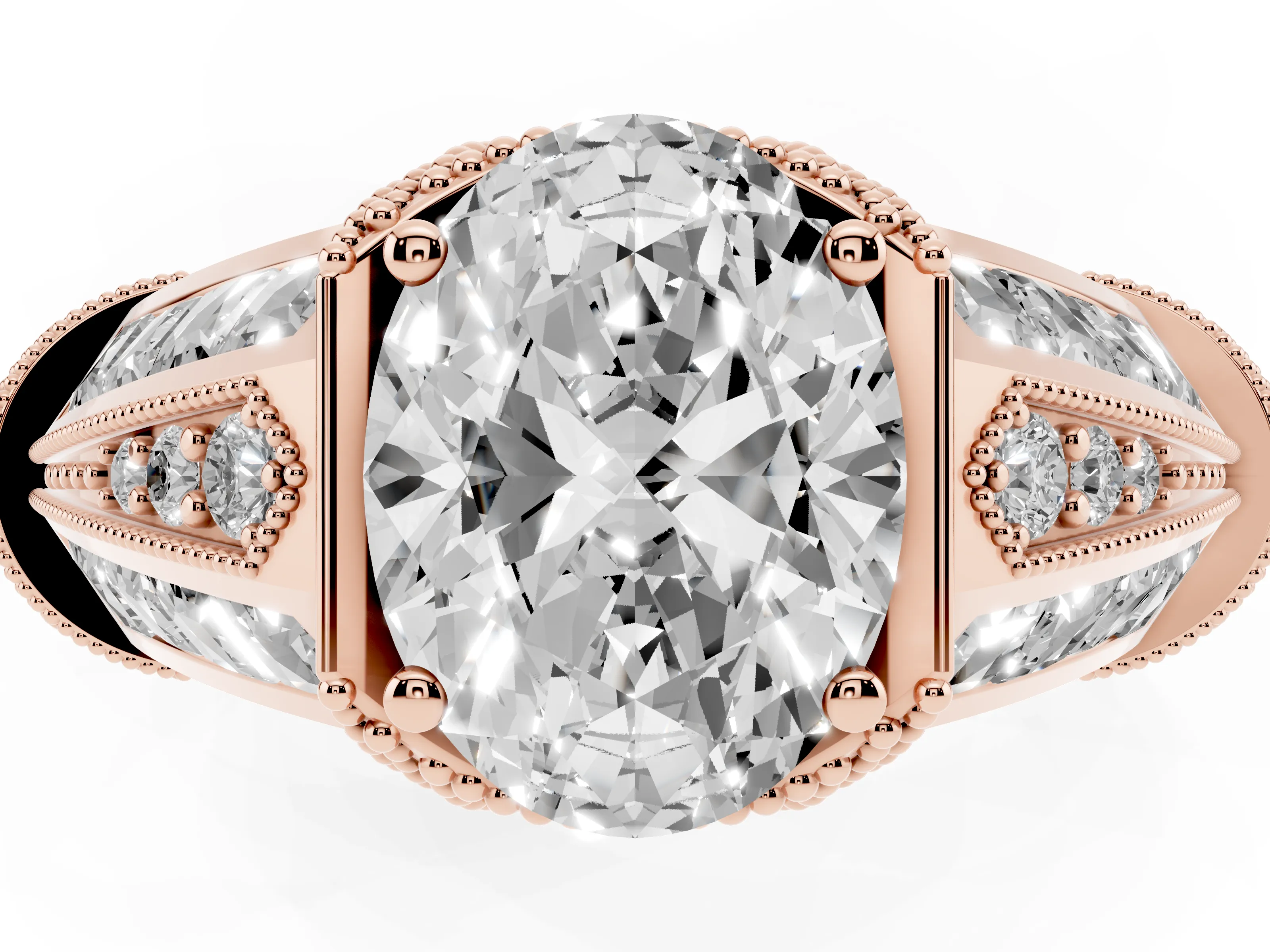 Oval Cut Diamond Vintage-Inspired Milgrain Ring Set in Rose gold with Accent Split Shank