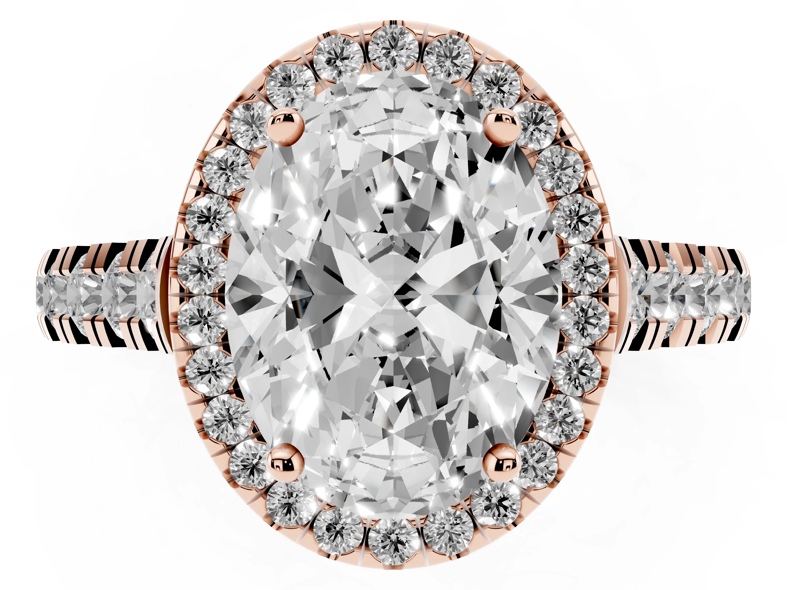 Oval Cut Diamond Halo Engagement Ring Set in Rose gold with Pavé Band and Prong-Set Center