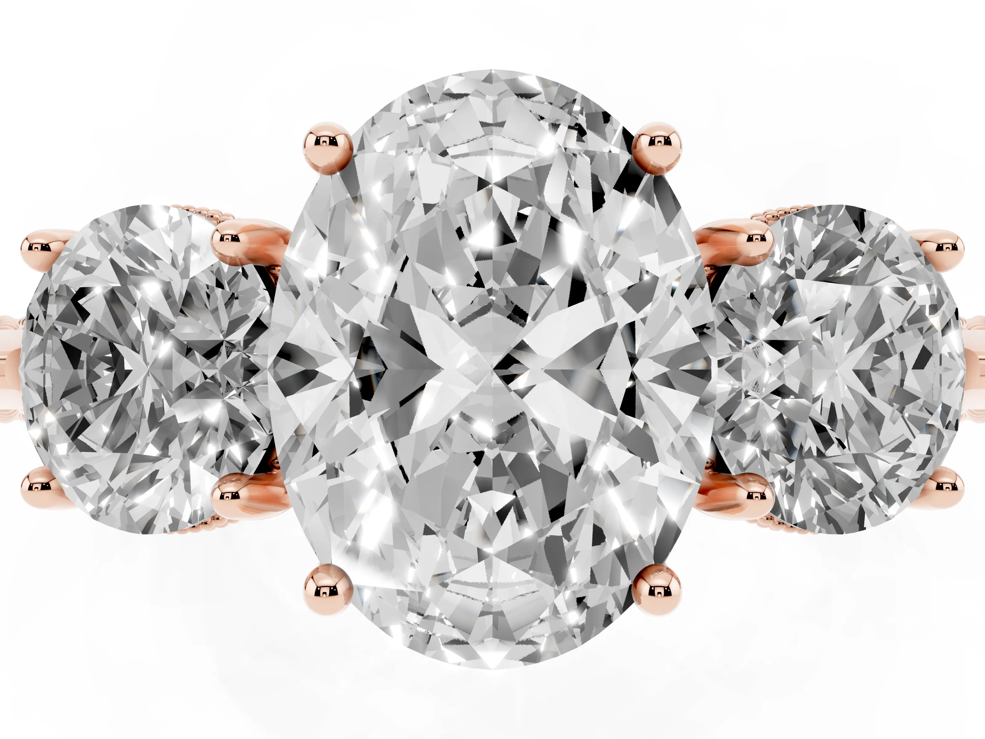 Oval Cut Diamond Three-Stone Ring Set in Rose gold with Milgrain Band