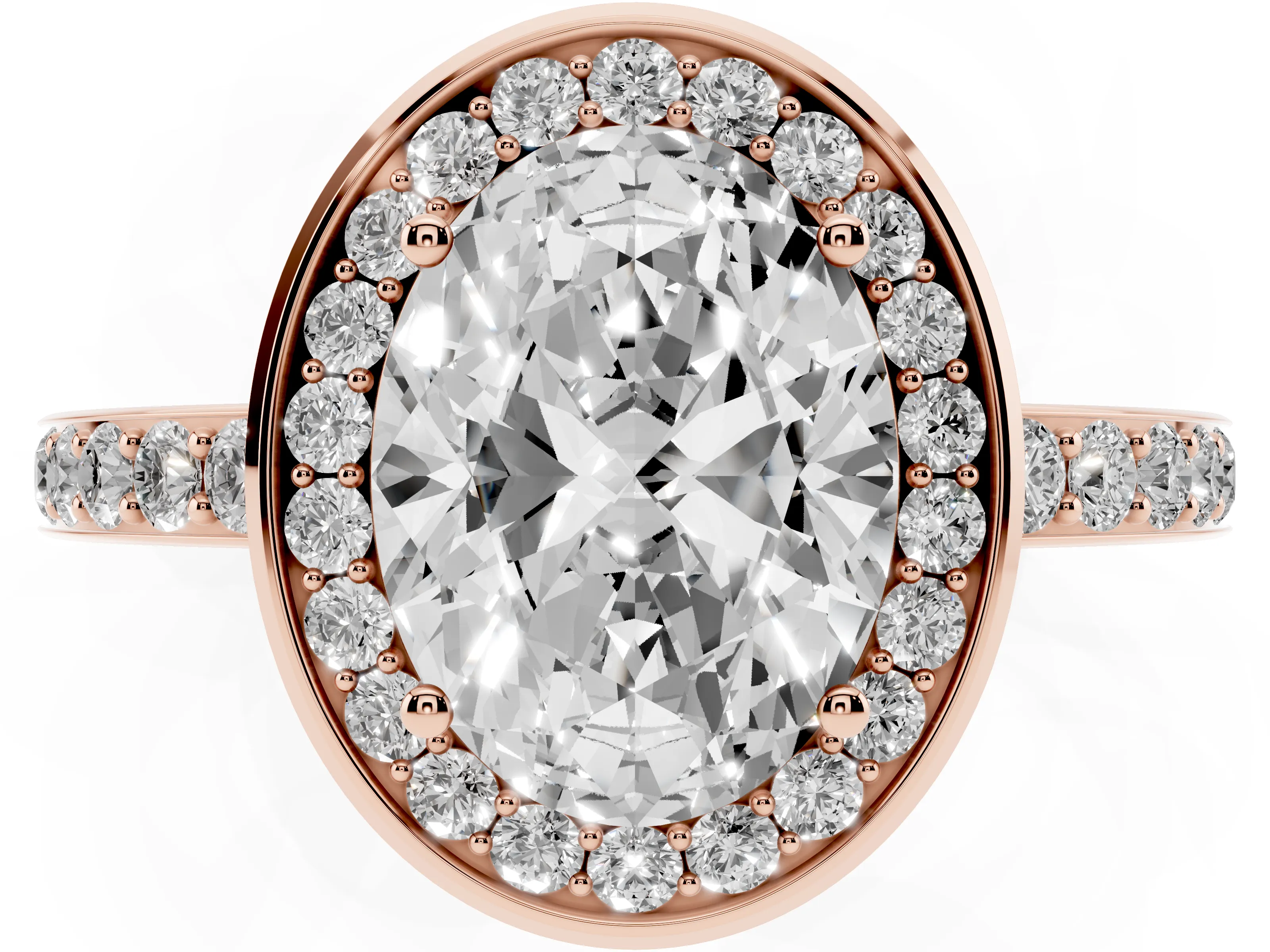 Oval Cut Diamond Halo Ring Set in Rose gold with Bezel Frame and Pavé Band