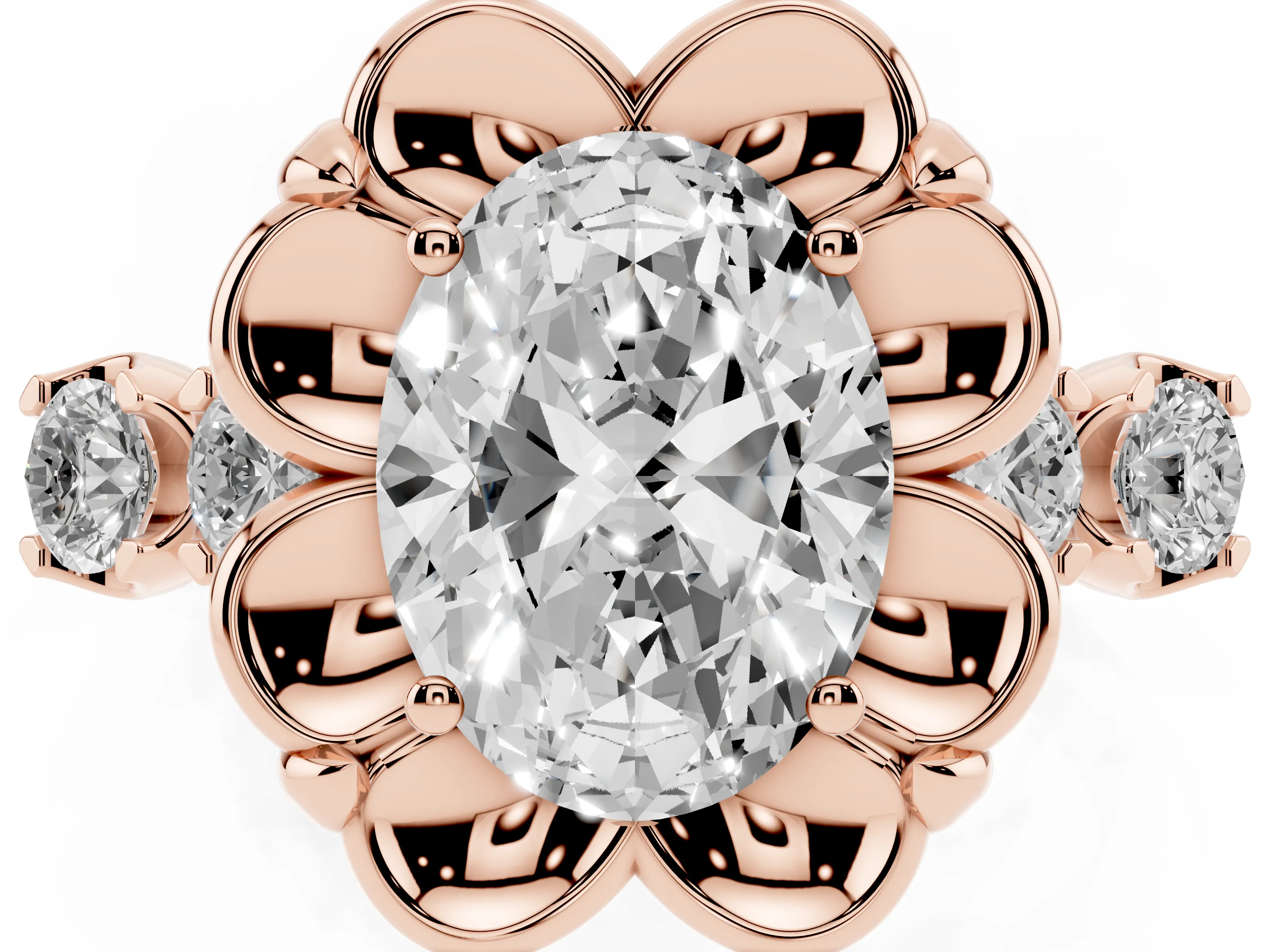 Oval Cut Diamond Floral Halo Ring Set in Rose gold with Shared Prong Band