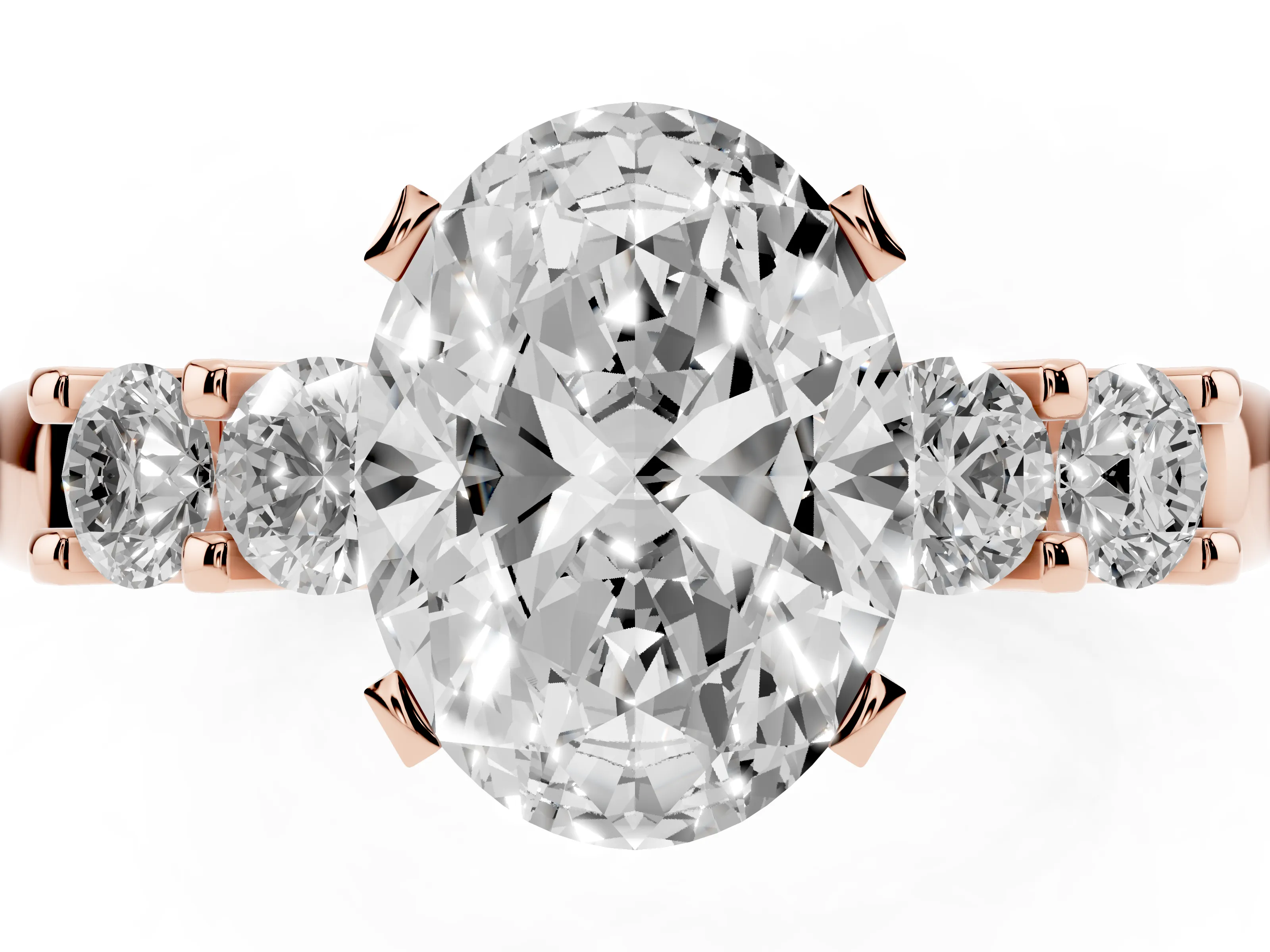 Oval Cut Diamond Five-Stone Prong Set Engagement Ring Set in Rose gold with Channel Band