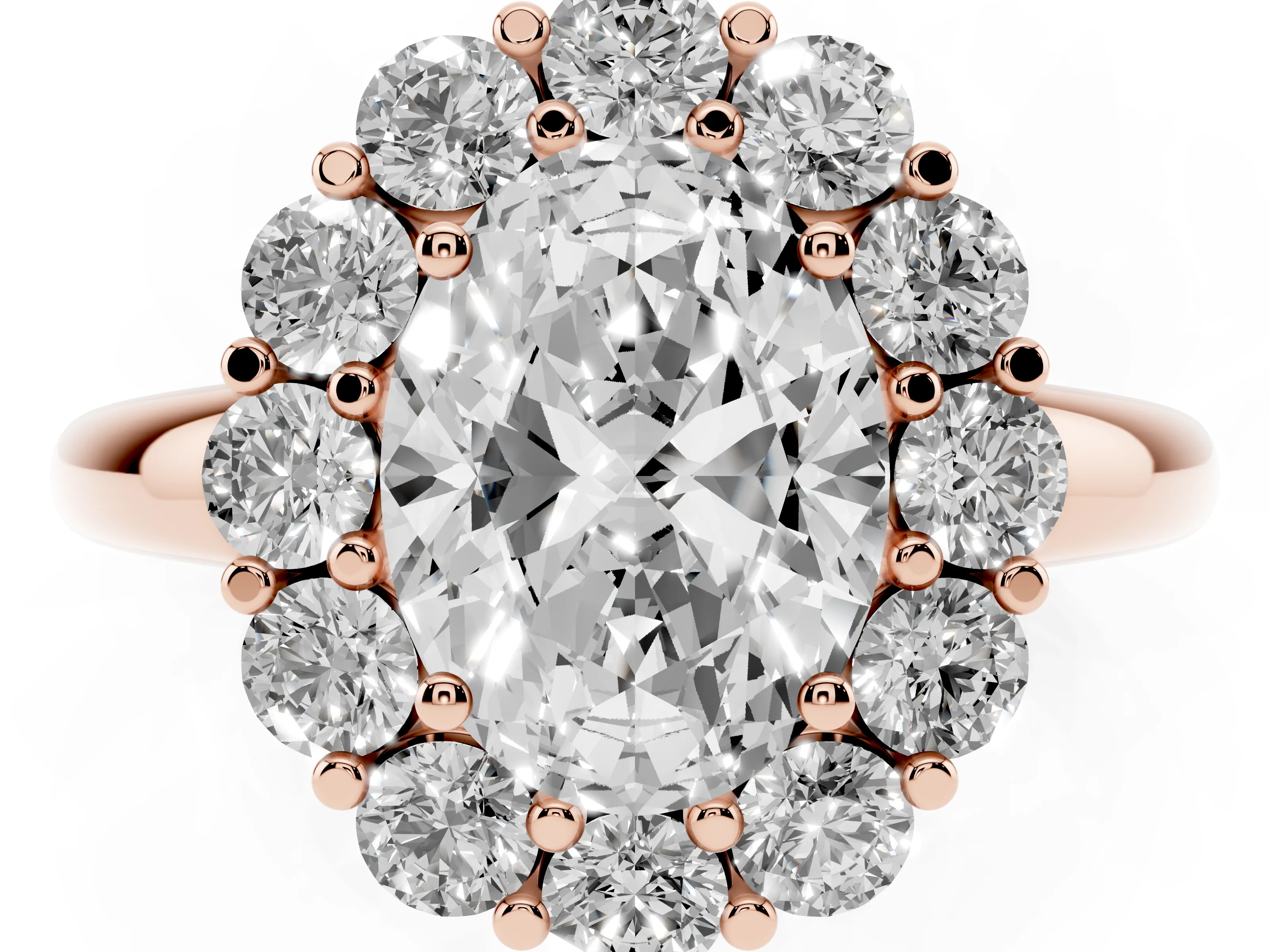 Oval Cut Diamond Halo Cluster Engagement Ring Set in Rose gold with Polished Band and Prong Setting