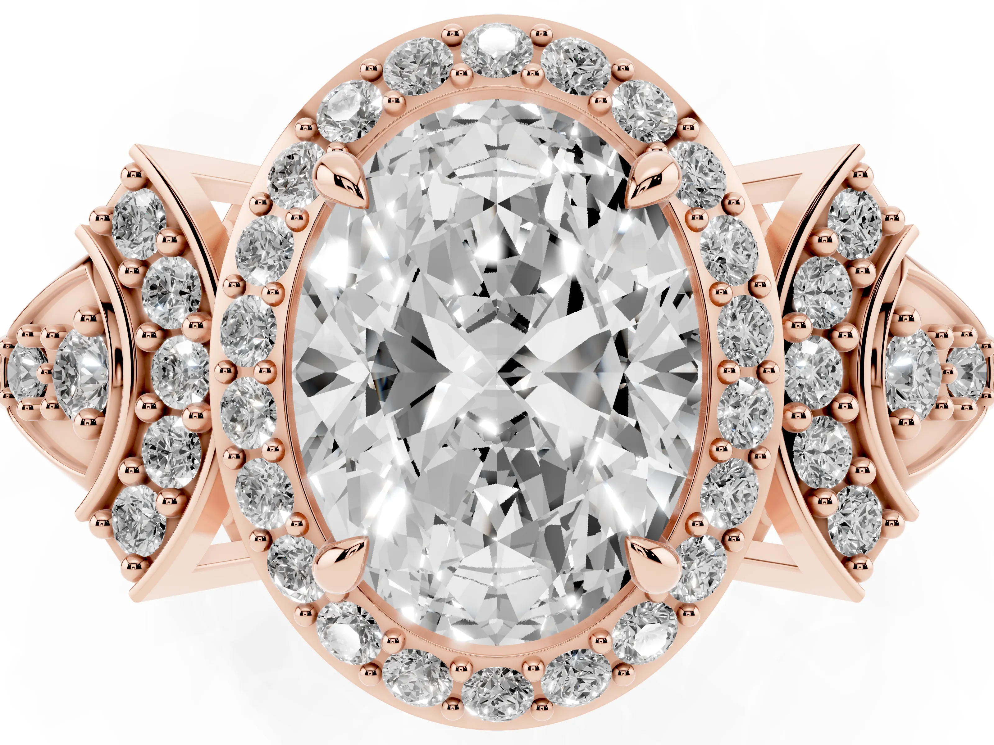 Oval Cut Diamond Halo Engagement Ring Set in Rose gold with Accent Stone Split Shank