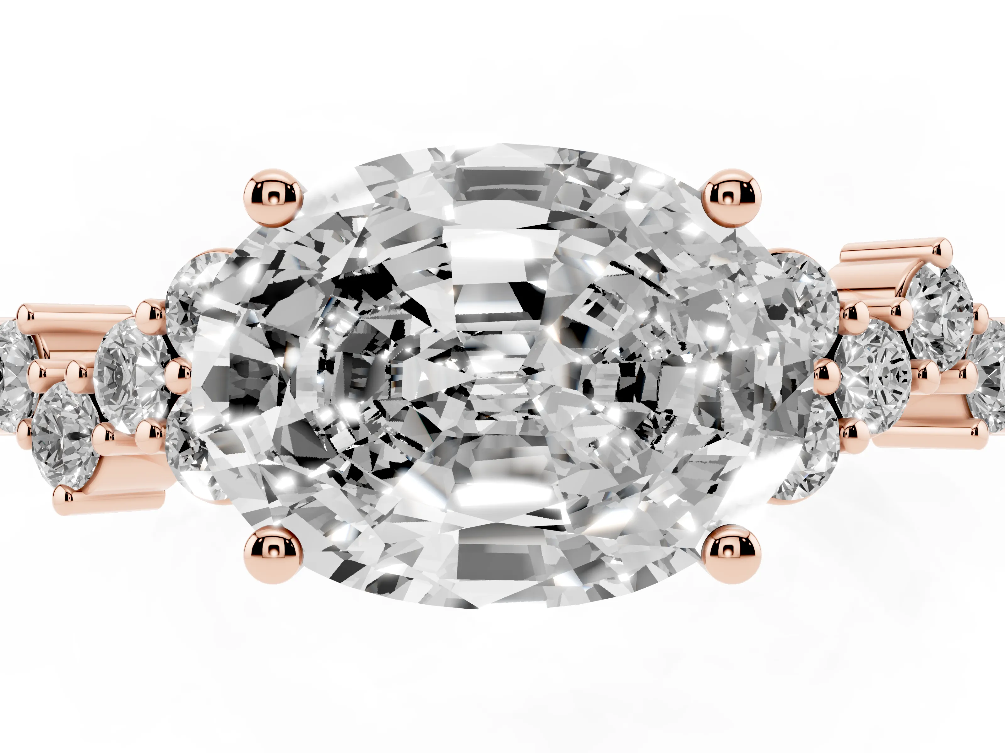 Oval Cut Diamond Ring Set in Rose gold with Scattered Round Accents
