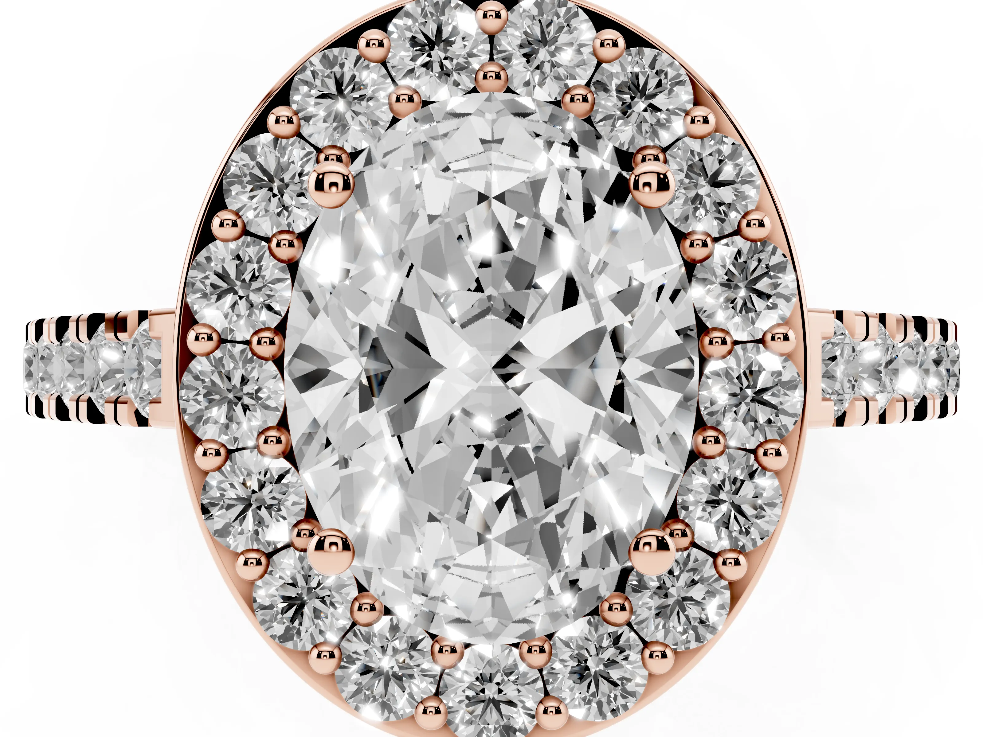 Oval Cut Diamond Halo Ring Set in Rose gold with Round Pavé Split Shank and Prong Setting