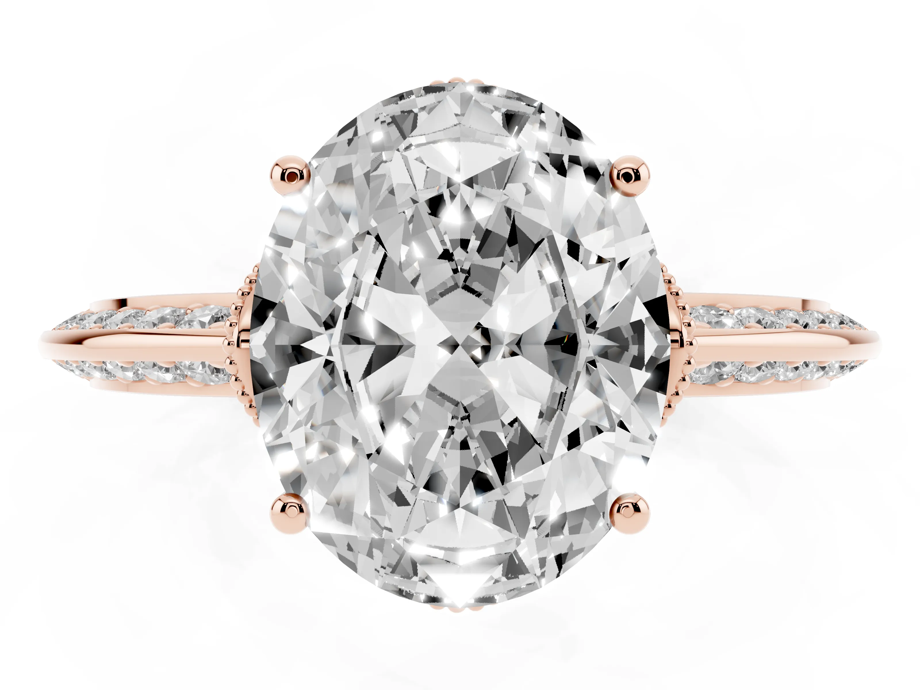Oval Cut Diamond Solitaire Engagement Ring Set in Rose gold with Pavé Split Shank and Prong Setting