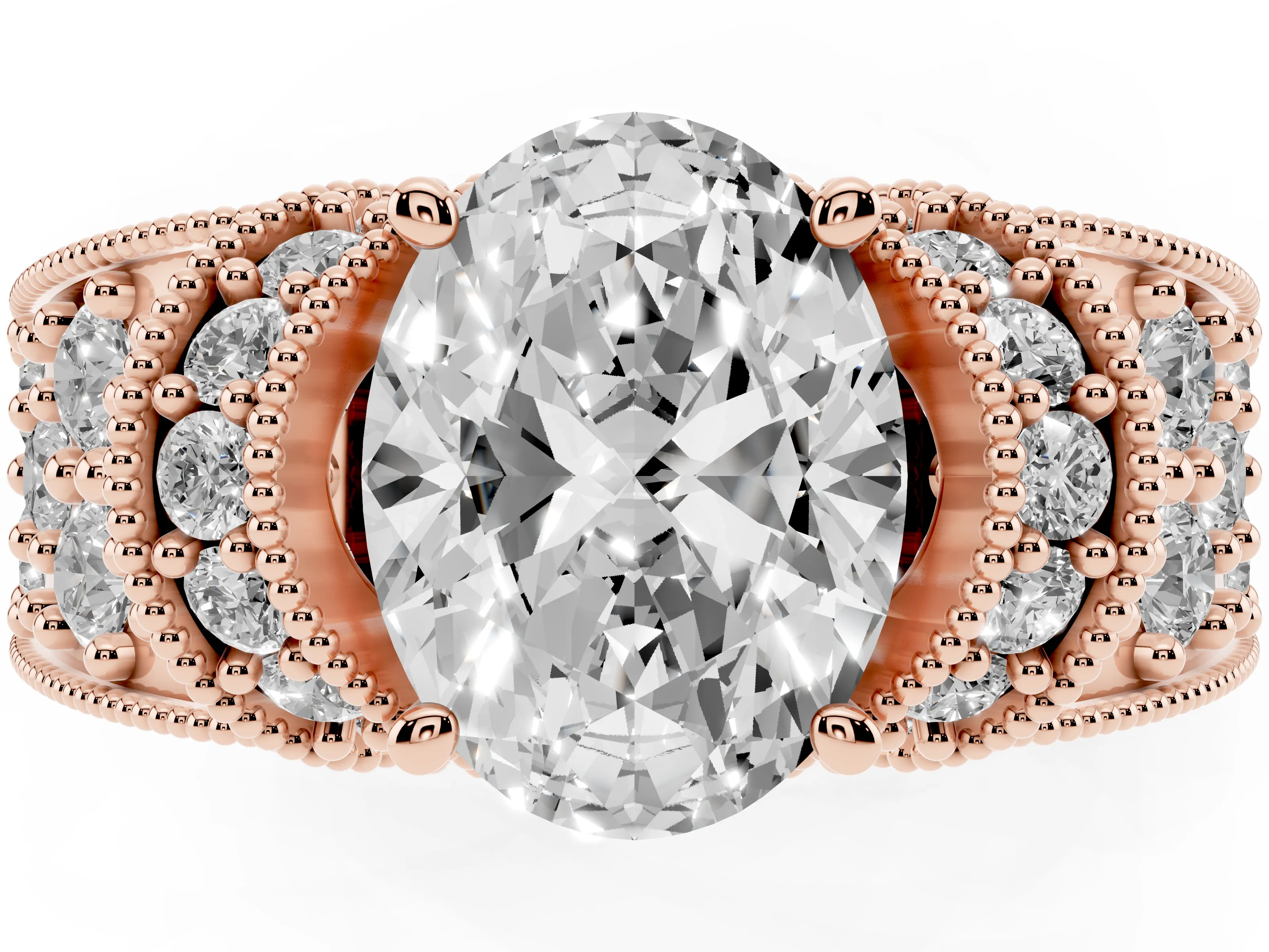 Oval Cut Diamond Milgrain Halo Pavé Engagement Ring Set in Rose gold with Prong Setting