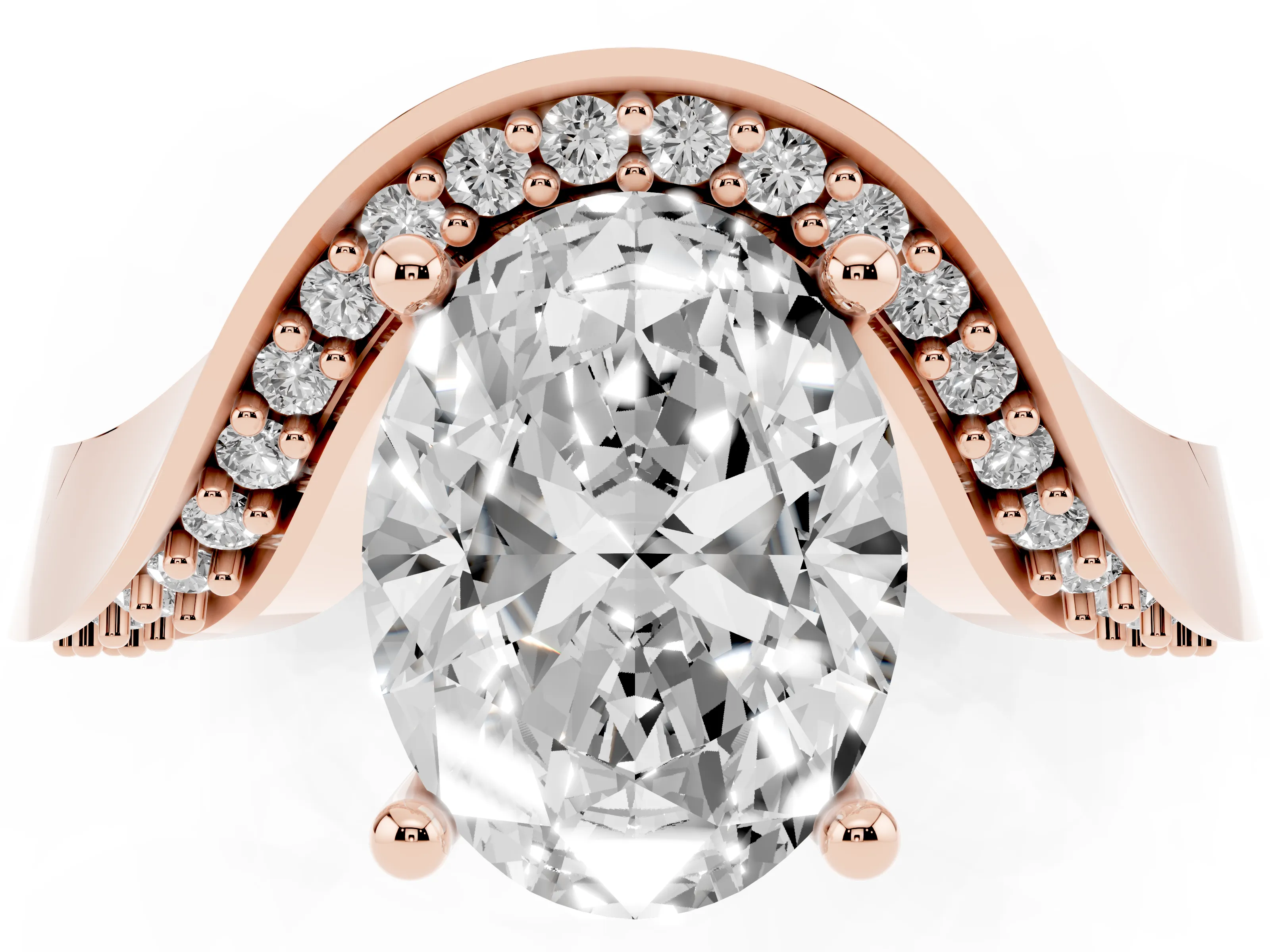 Oval Cut Diamond Solitaire Engagement Ring Set in Rose gold with Pavé Shoulders