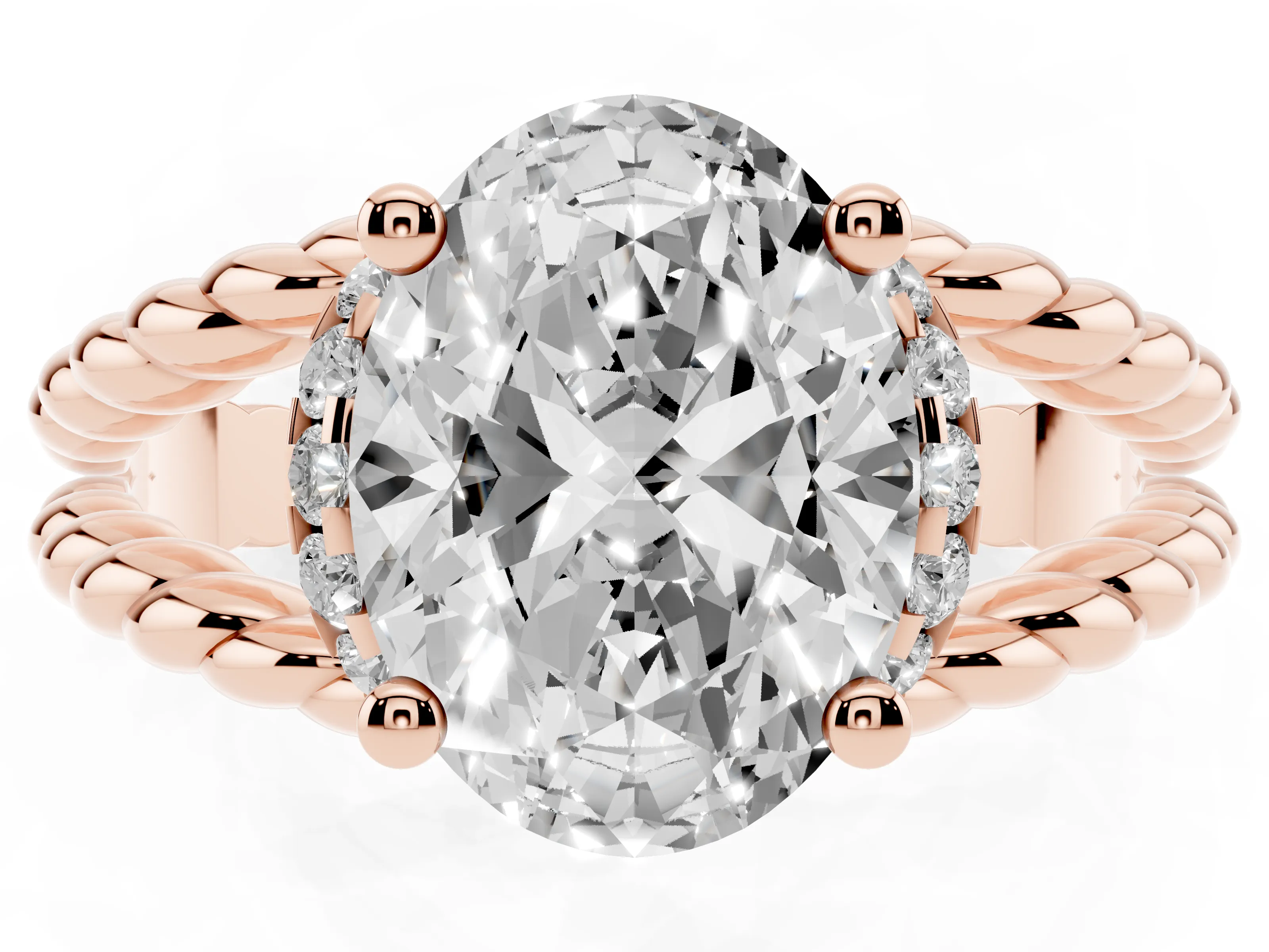 Oval Cut Diamond Halo Ring Set in Rose gold with Twisted Band and Prong Setting