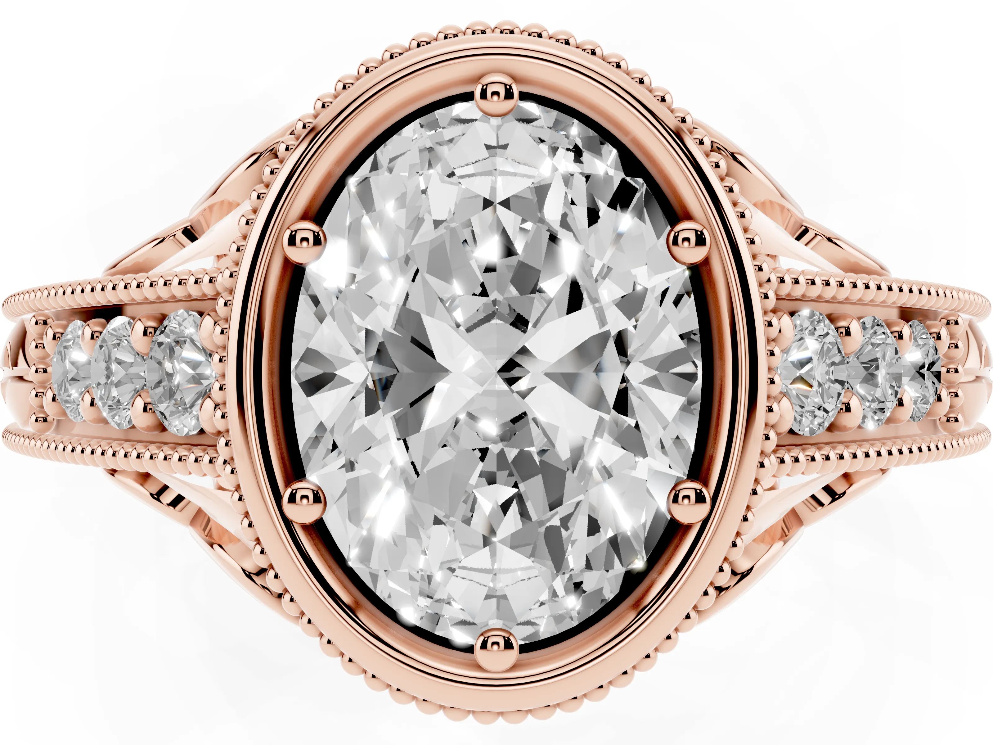 Bezel Set Oval Cut Diamond Milgrain Pavé Engagement Ring Set in Rose gold