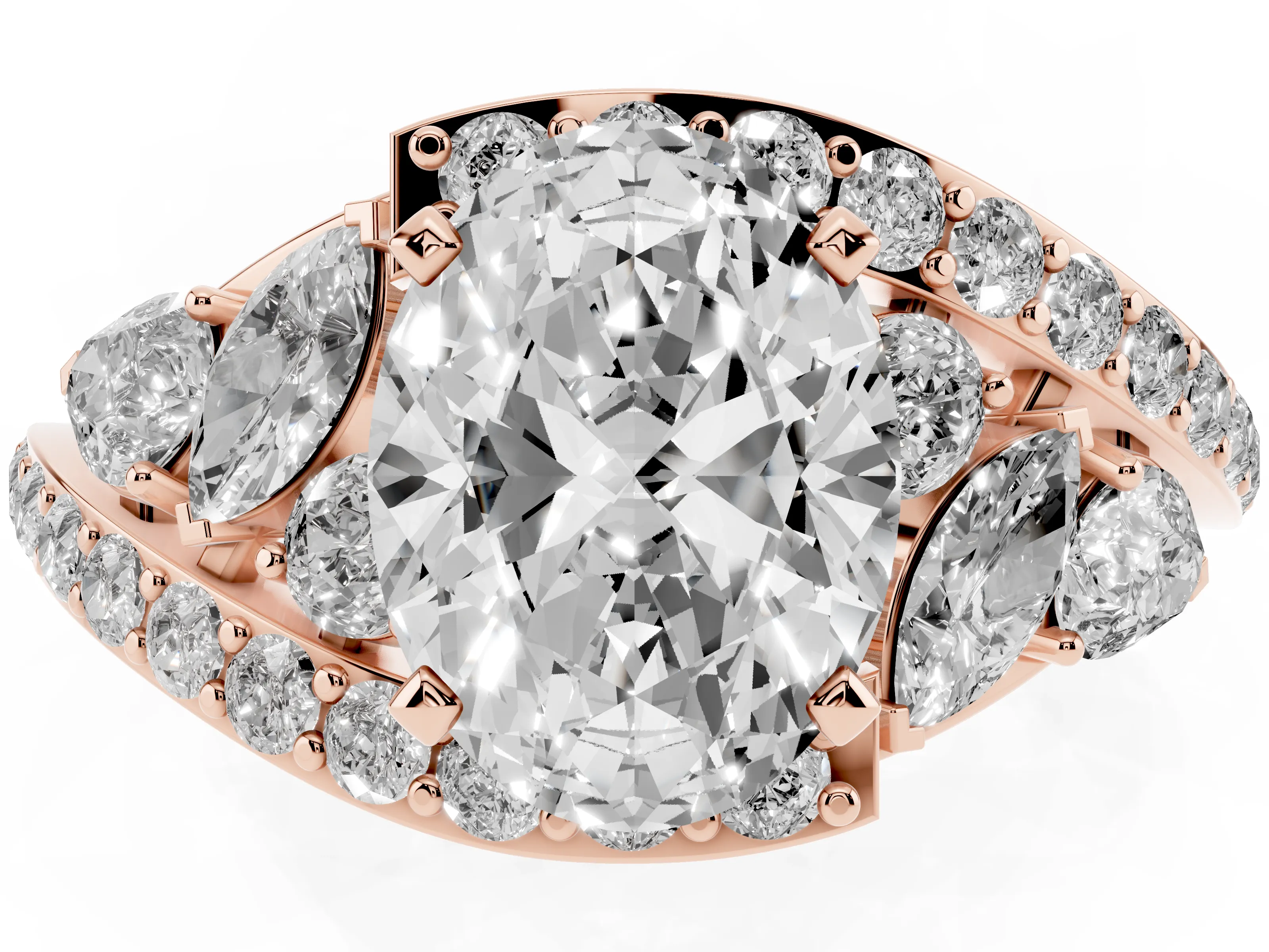 Oval Cut Diamond Halo Ring Set in Rose gold with Marquise and Pavé Band in Prong Setting