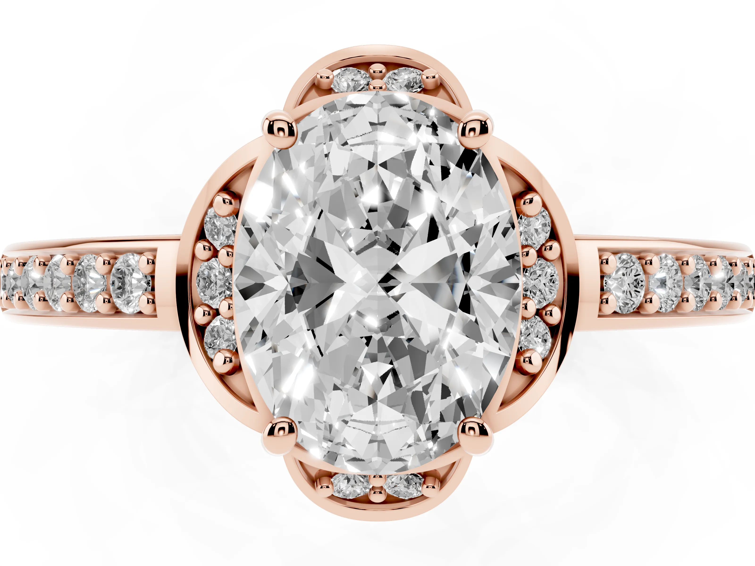 Oval Cut Diamond Halo Ring Set in Rose gold with Channel Set Band and Prong Setting