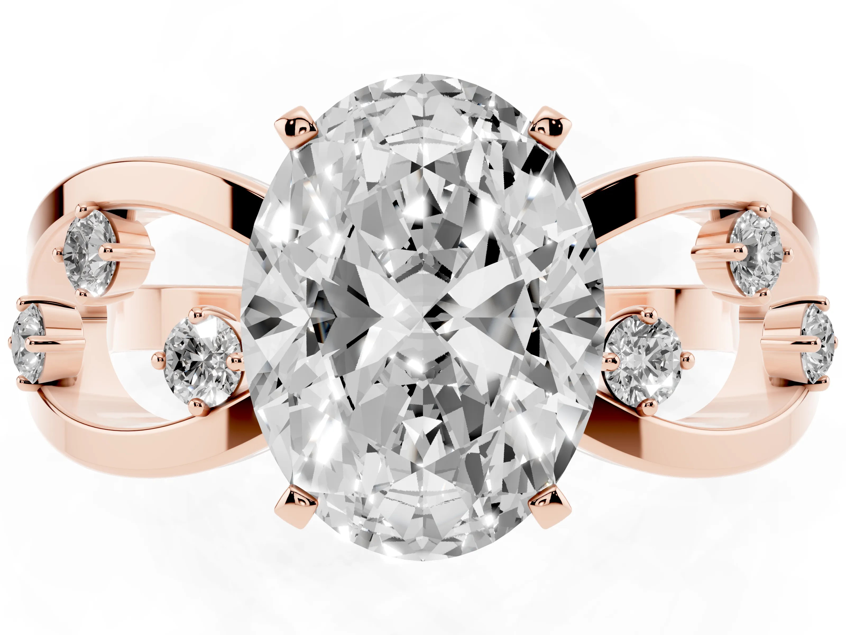 Oval Cut Diamond Solitaire Ring Set in Rose gold with Side Stones on Criss-Cross Band and Prong Setting