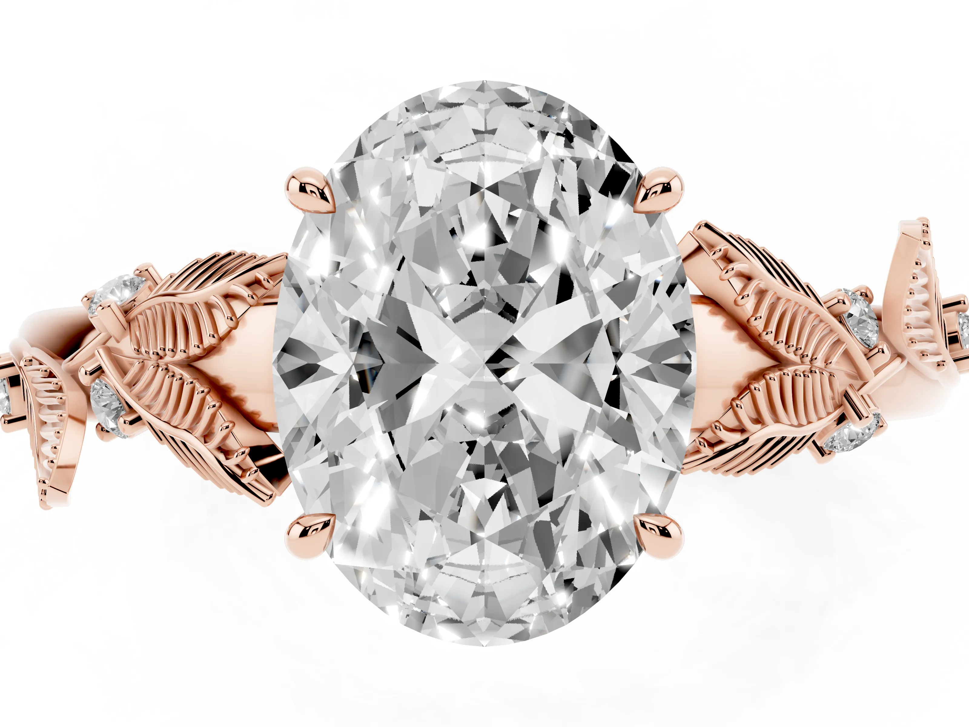 Oval Cut Diamond Solitaire Ring Set in Rose gold with Leaf Motif Band