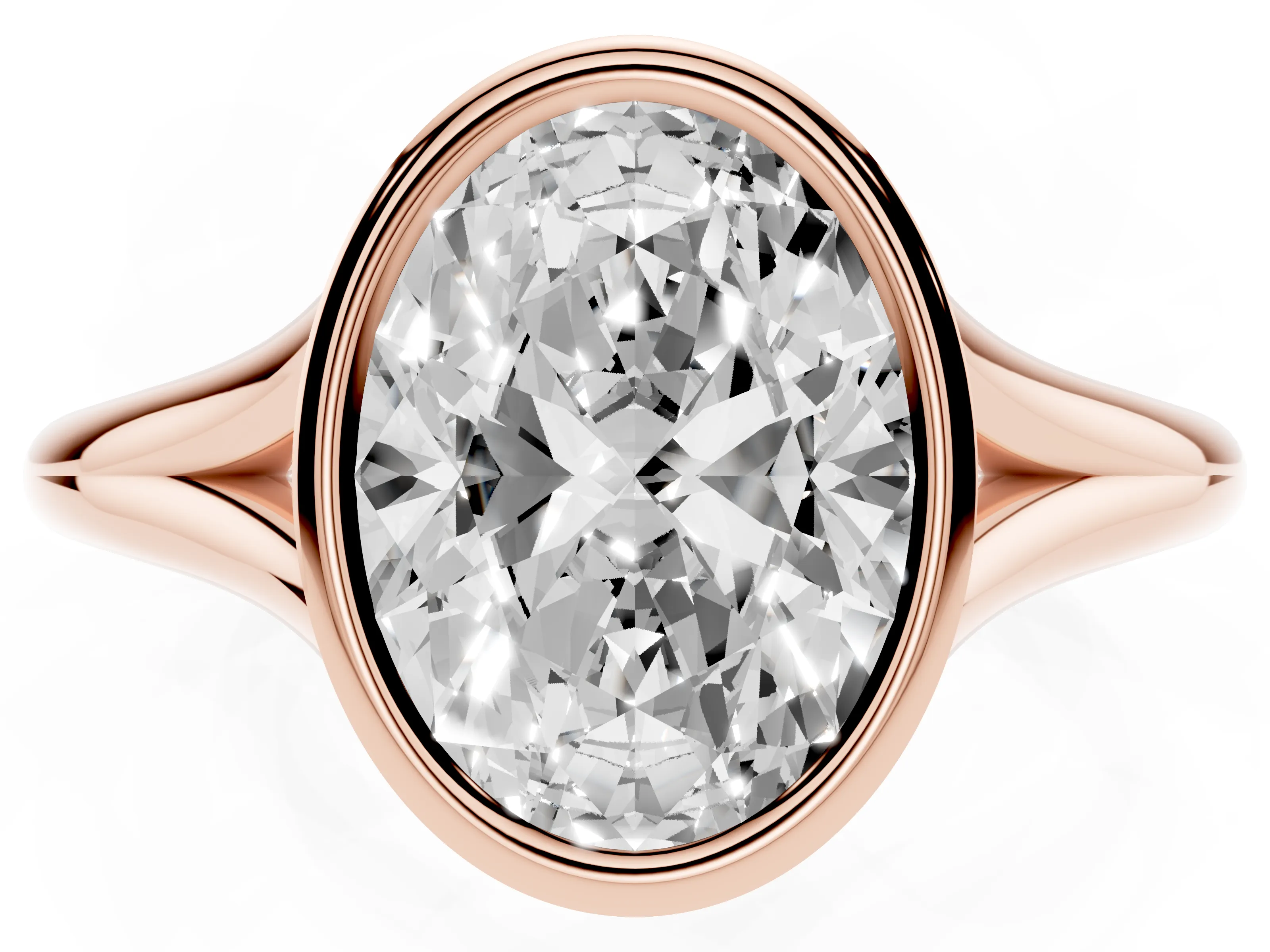 Bezel Set Oval Cut Diamond Solitaire Ring Set in Rose gold with Tapered Band
