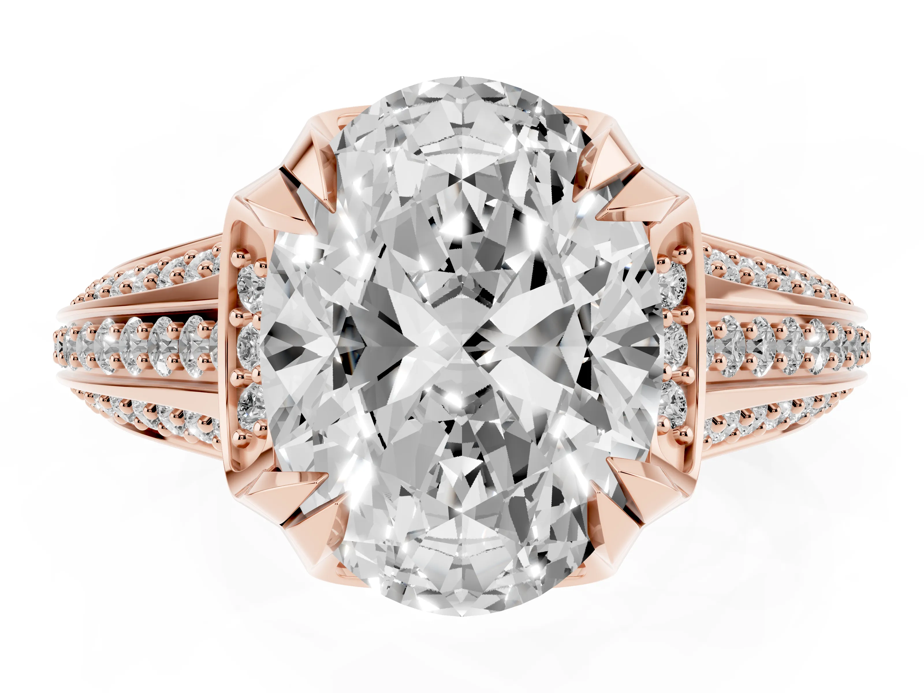 Oval Cut Diamond Pavé Split Shank Solitaire Ring Set in Rose gold with Prong Setting