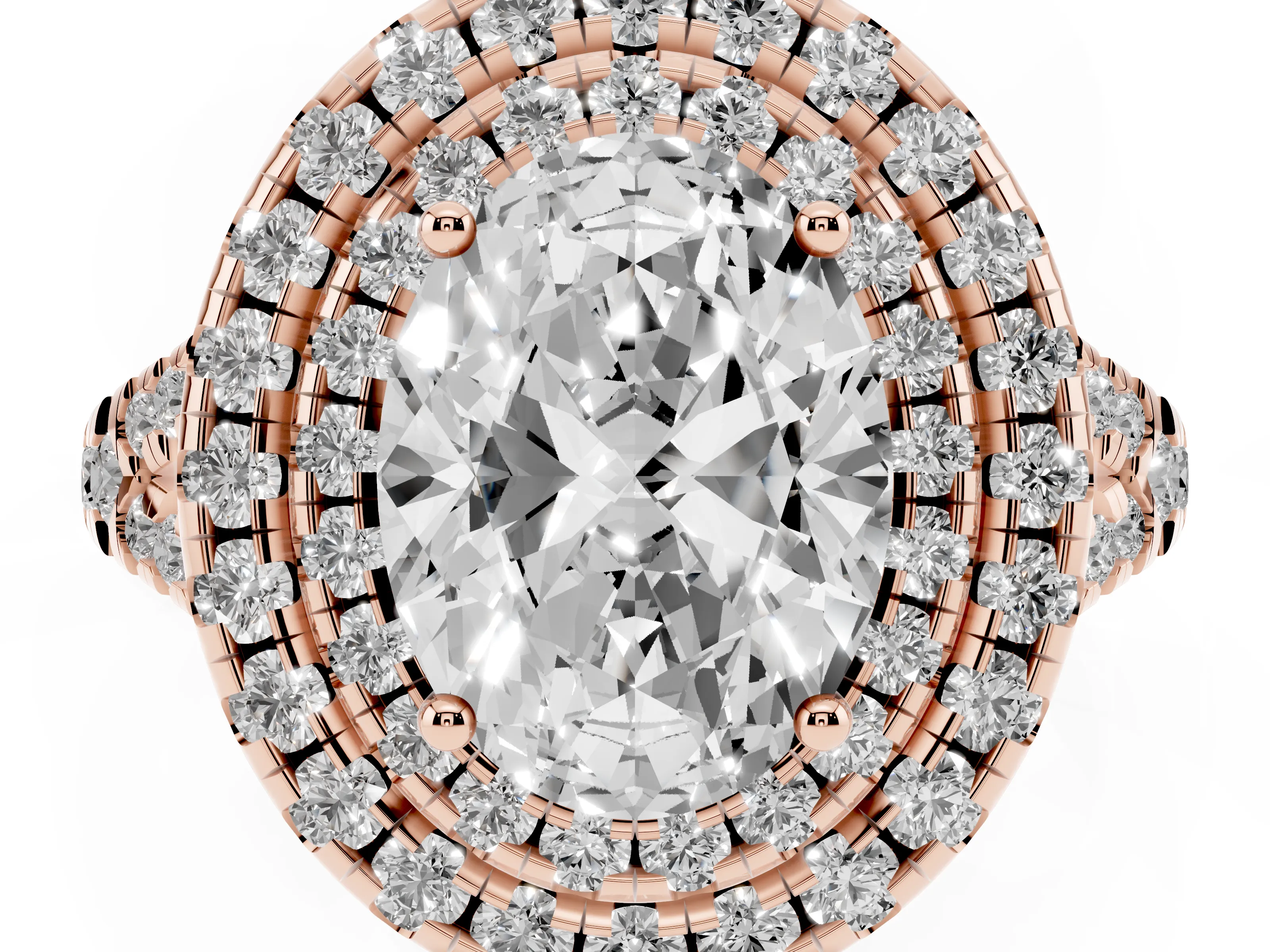 Oval Cut Diamond Double Halo Ring Set in Rose gold with Pavé Split Shank and Prong Setting