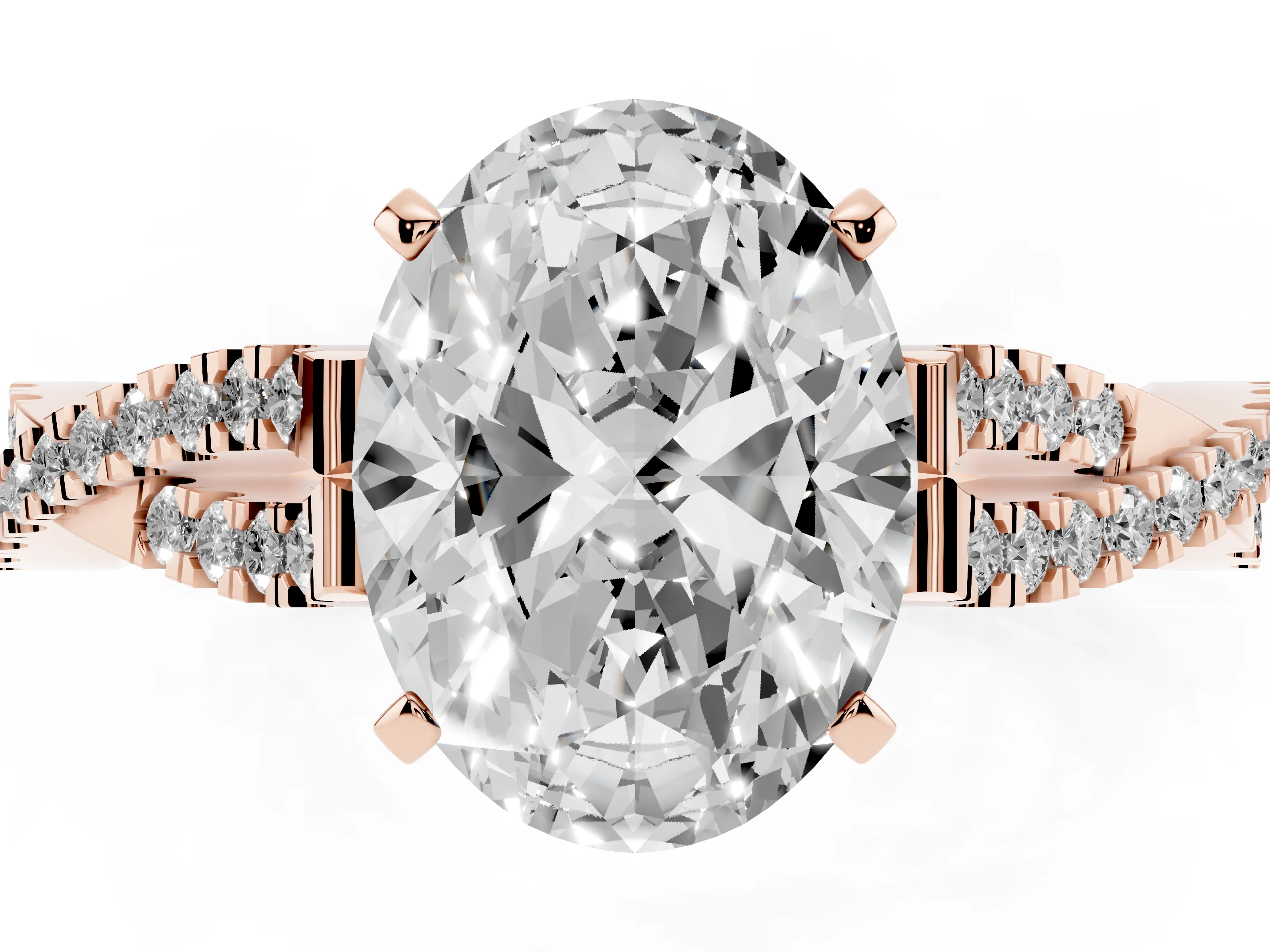 Oval Cut Diamond Solitaire Engagement Ring Set in Rose gold with Twisted Pavé Band and Prong Setting