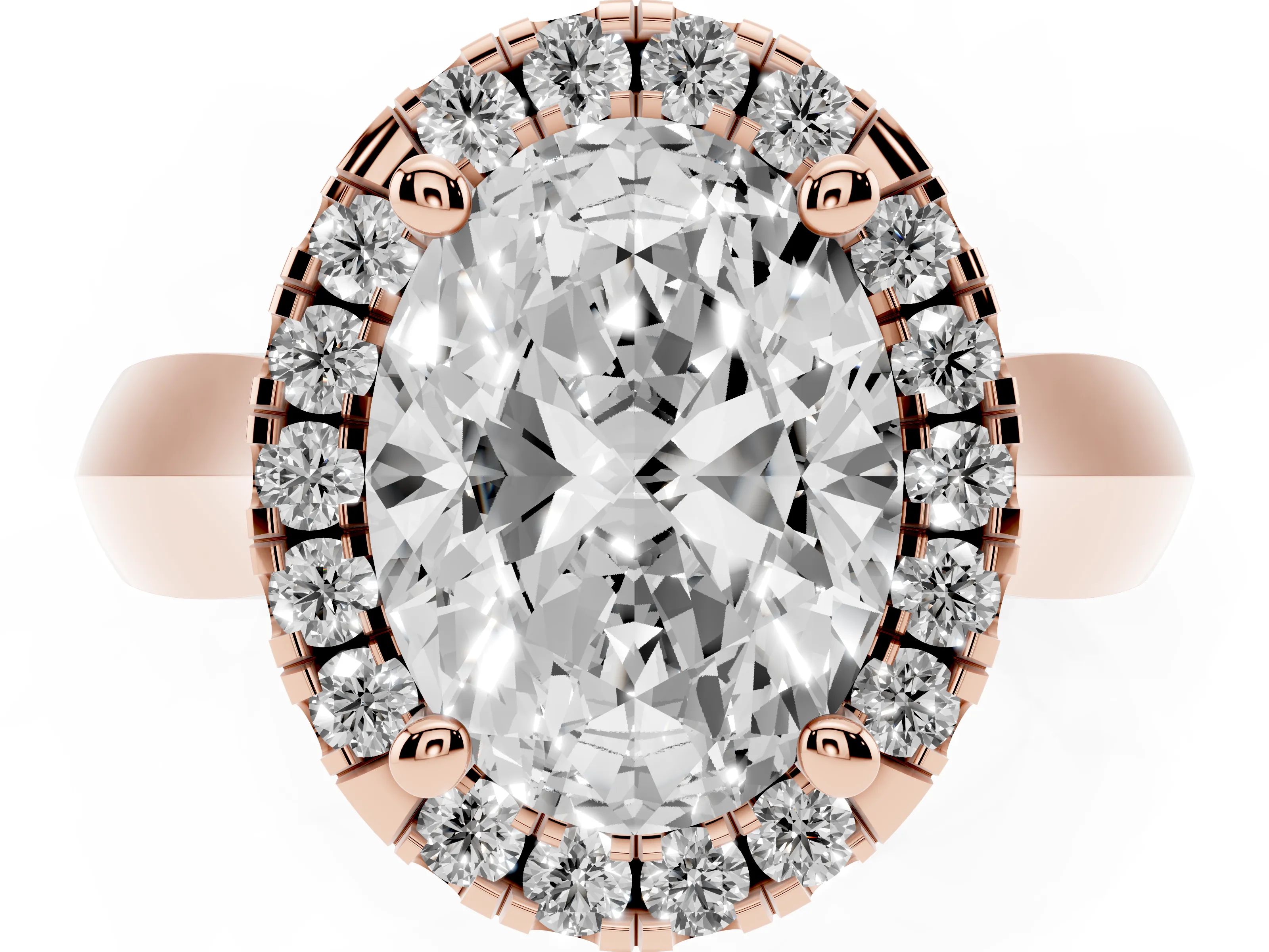 Oval Cut Diamond Halo Solitaire Engagement Ring Set in Rose gold with Square Band and Prong Setting
