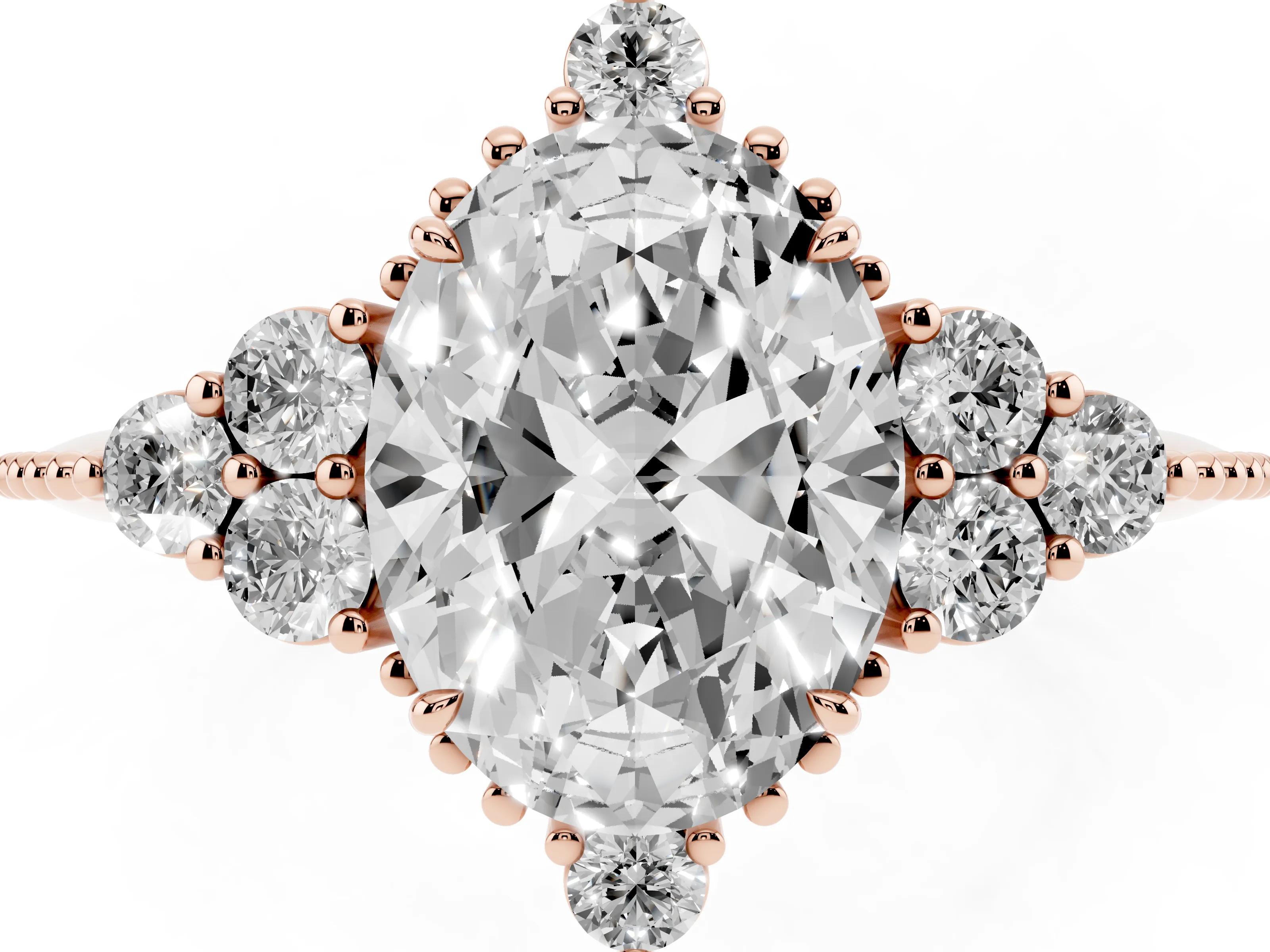 Oval Cut Diamond Cluster Ring Set in Rose gold with Beaded Band