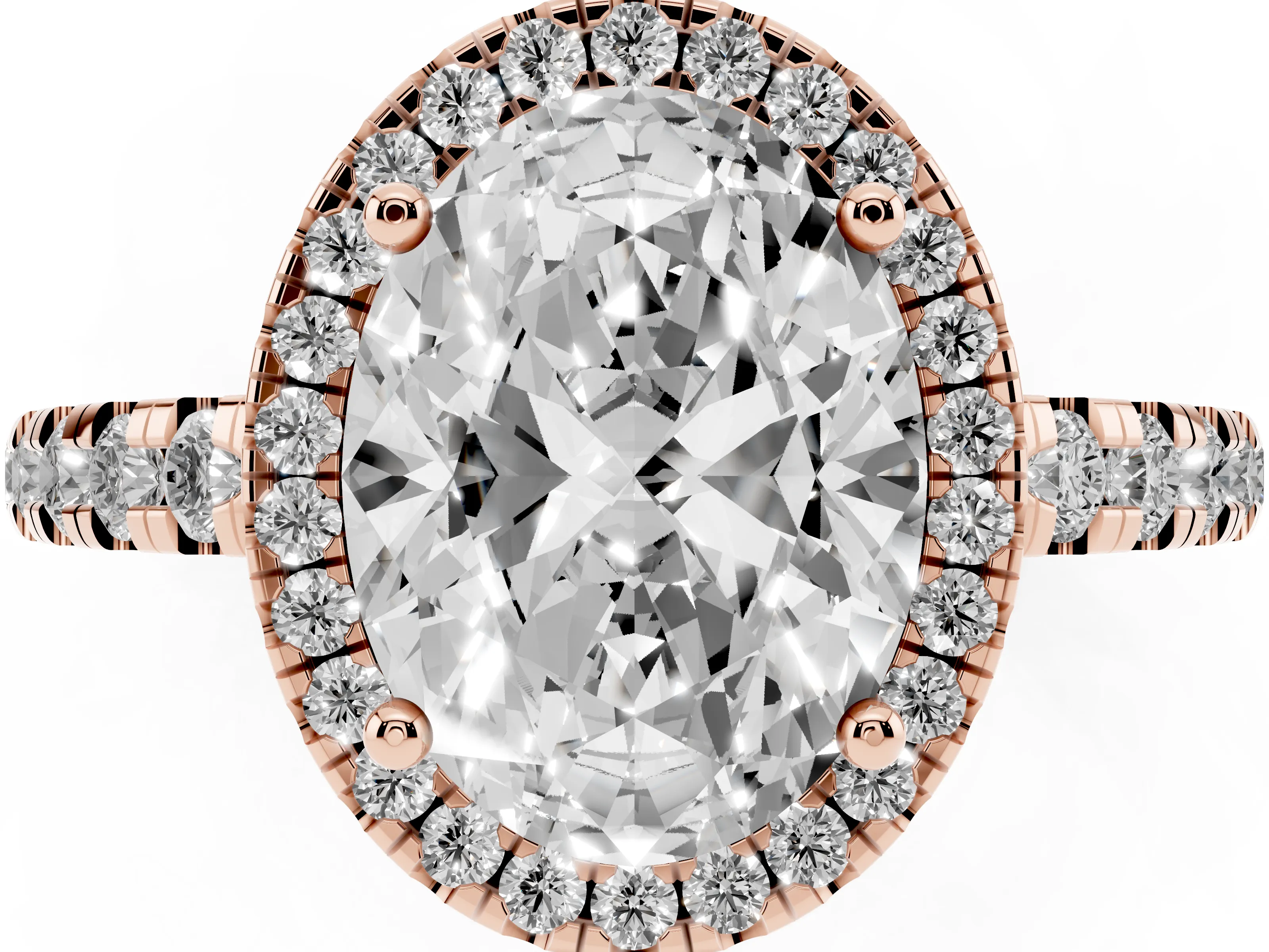 Oval Cut Diamond Halo Ring Set in Rose gold with Delicate Pavé Band and Prong Setting