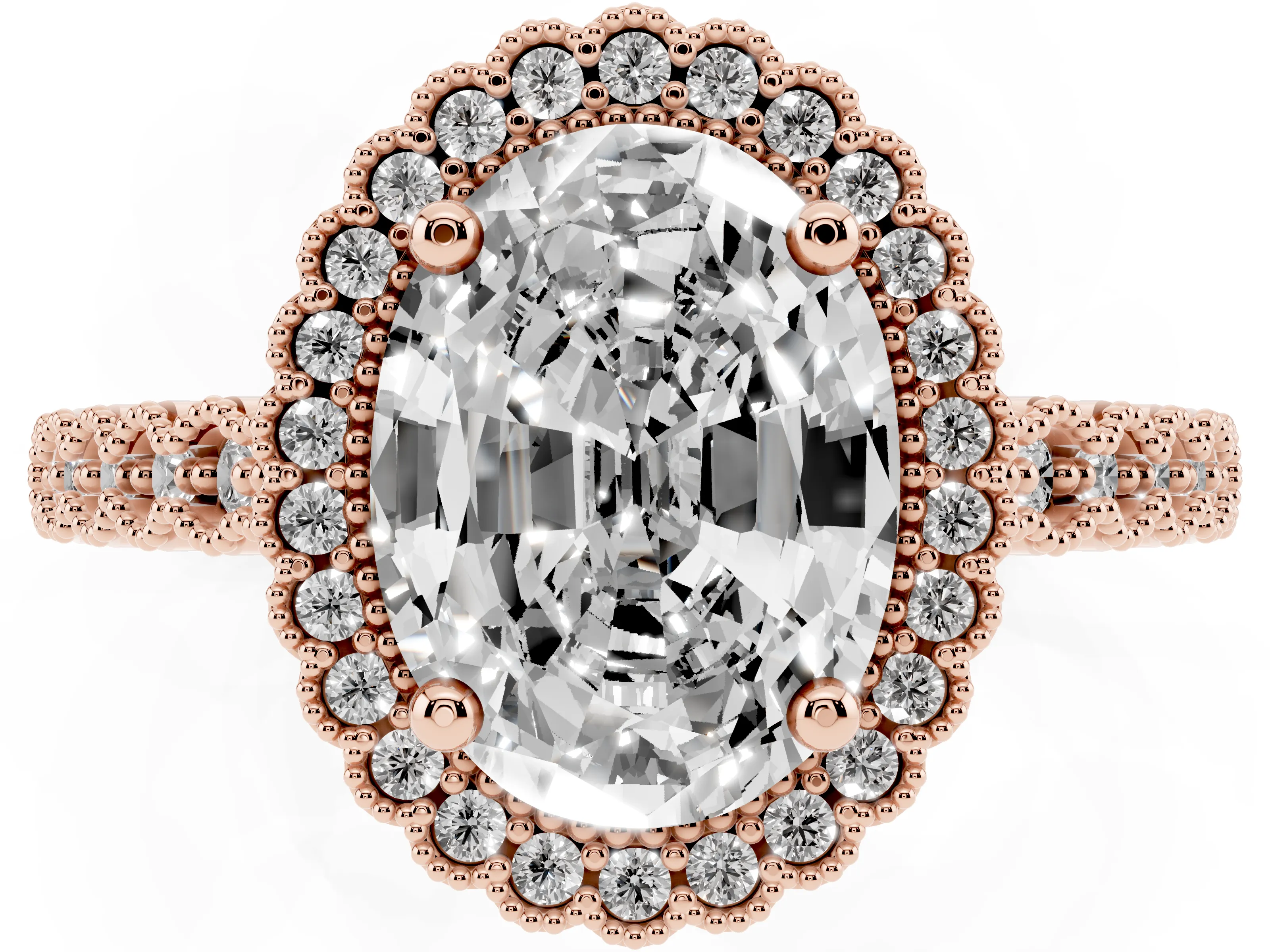 Oval Cut Diamond Halo Ring Set in Rose gold with Pavé Milgrain Band