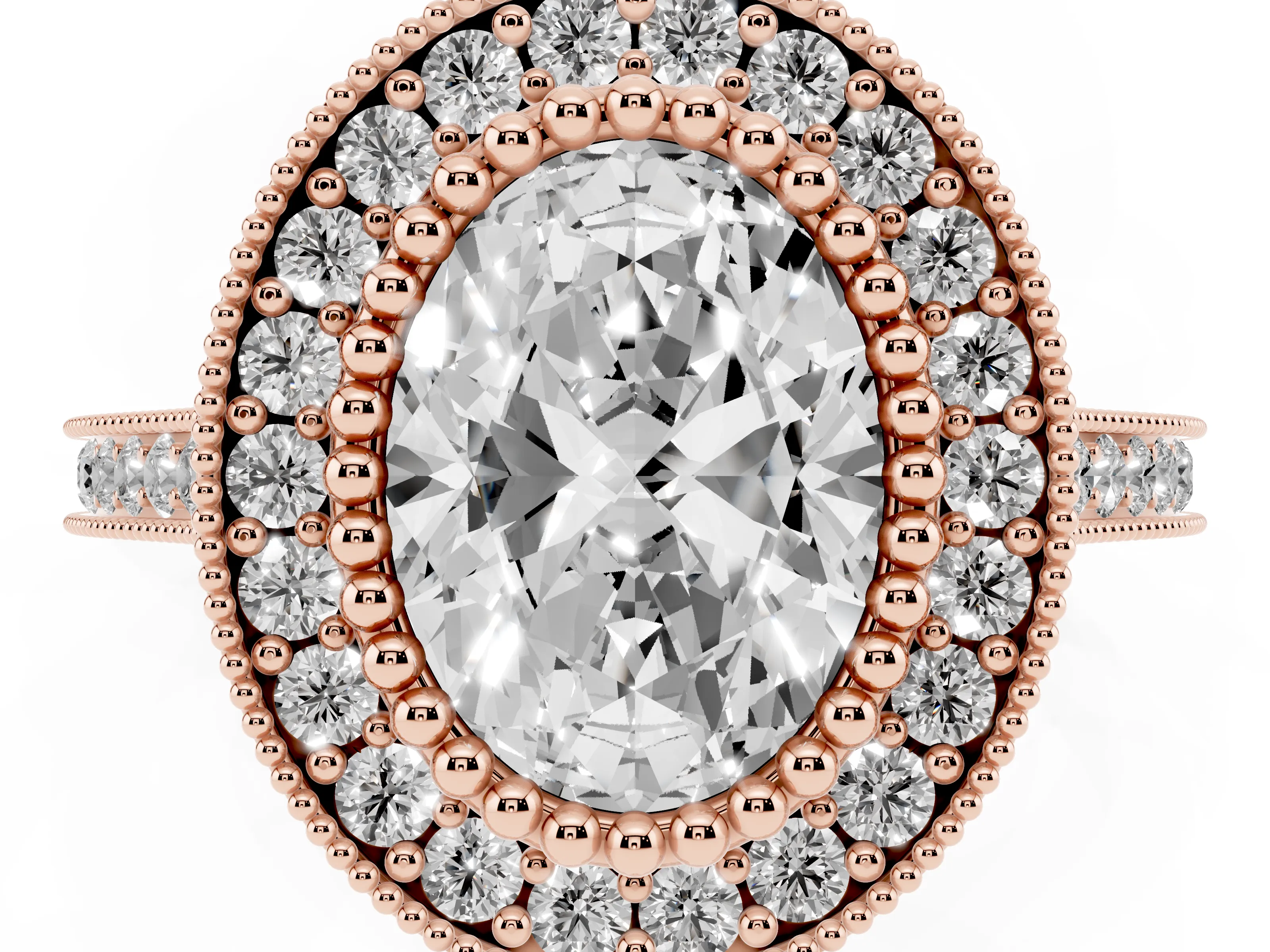 Oval Cut Diamond Halo Ring Set in Rose gold with Milgrain Frame and Pavé Band
