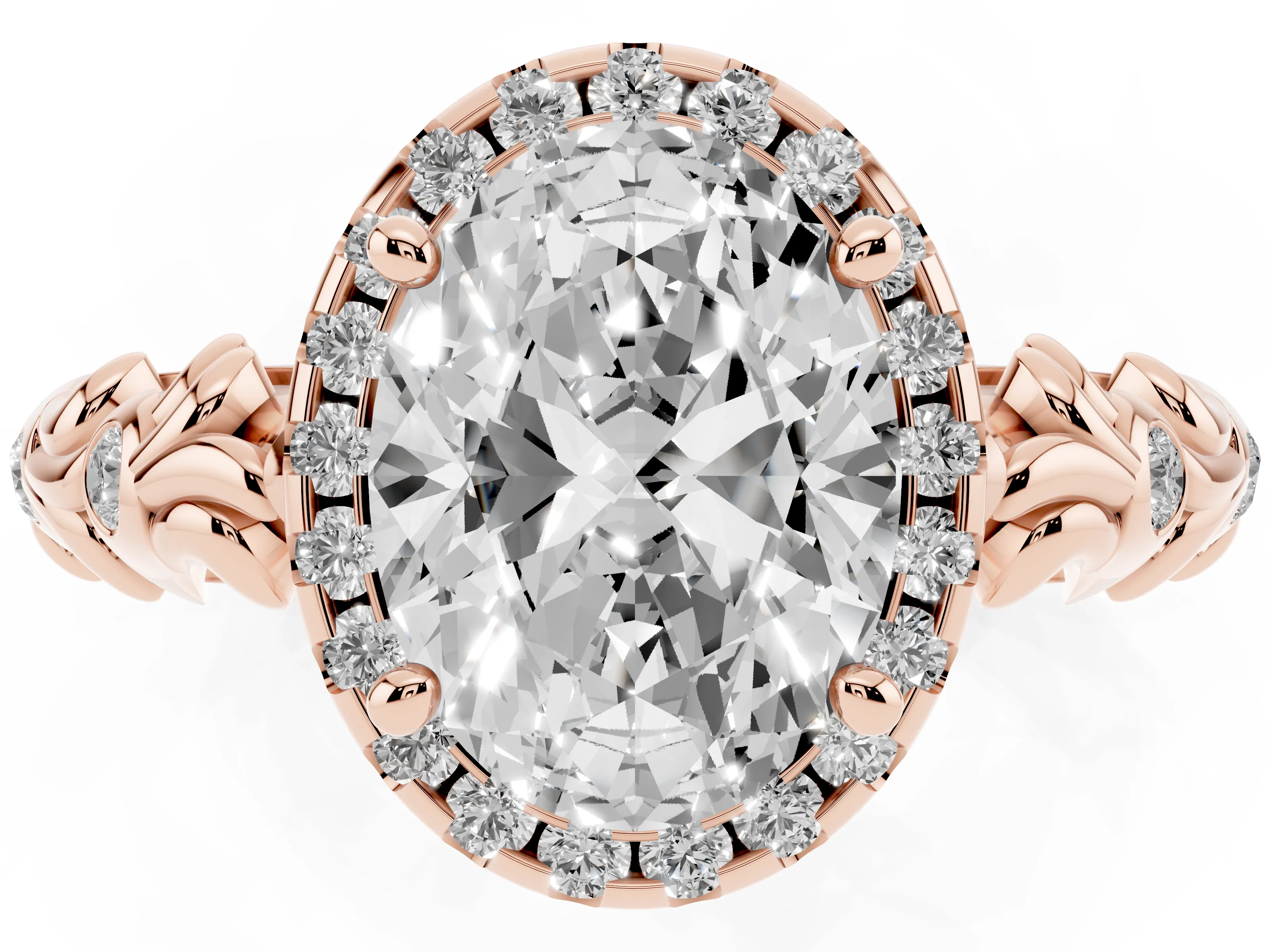 Oval Cut Diamond Halo Ring Set in Rose gold with Filigree Leaf Band and Prong Setting