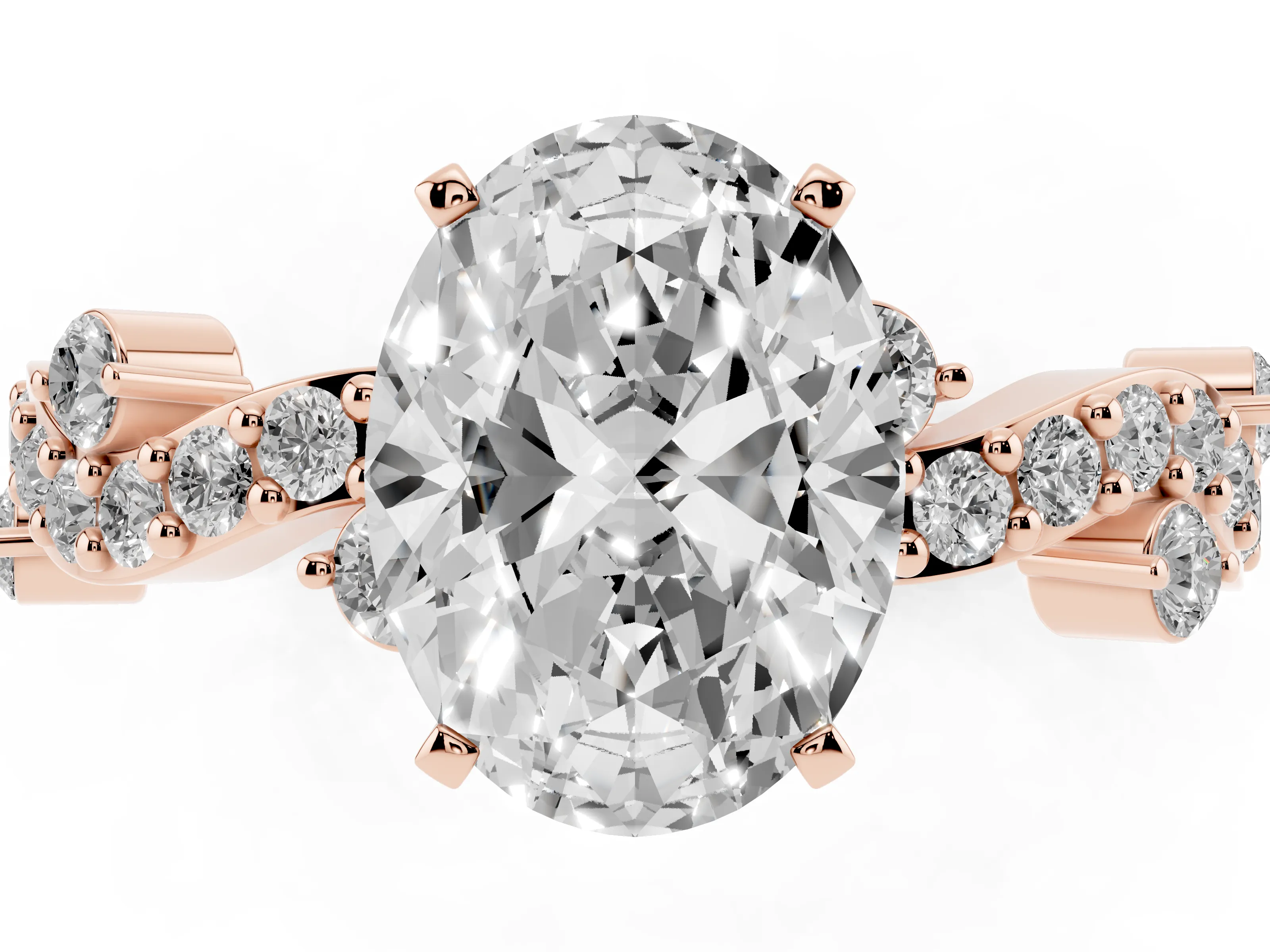 Oval Cut Diamond Solitaire Twisted Band Set in Rose gold with Pavé Setting