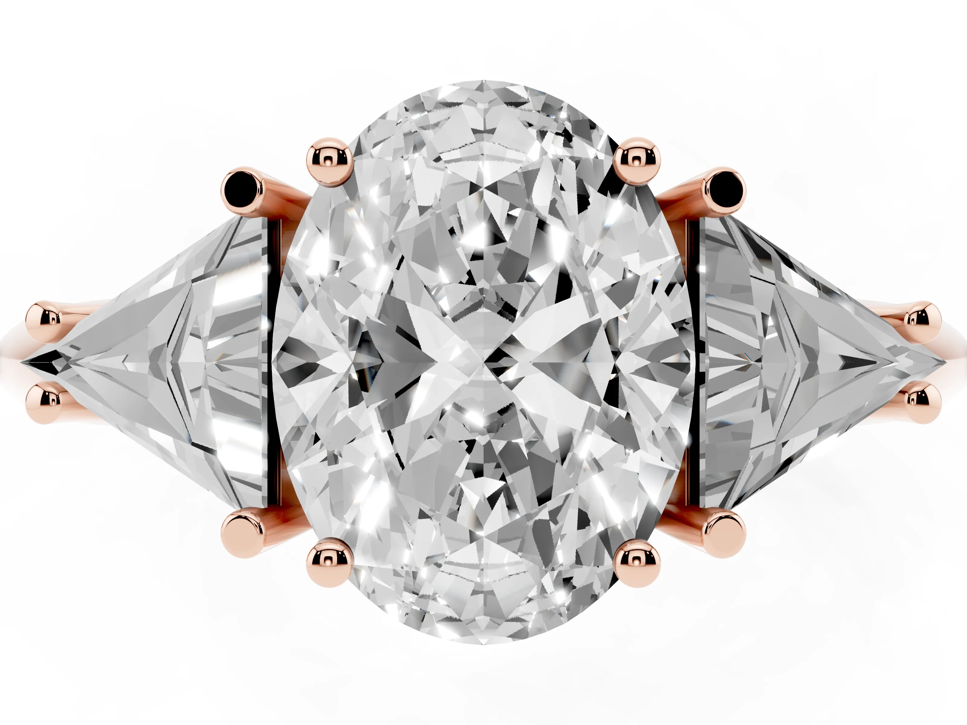 Oval Cut Diamond Three-Stone Engagement Ring Set in Rose gold with Trillion Side Stones
